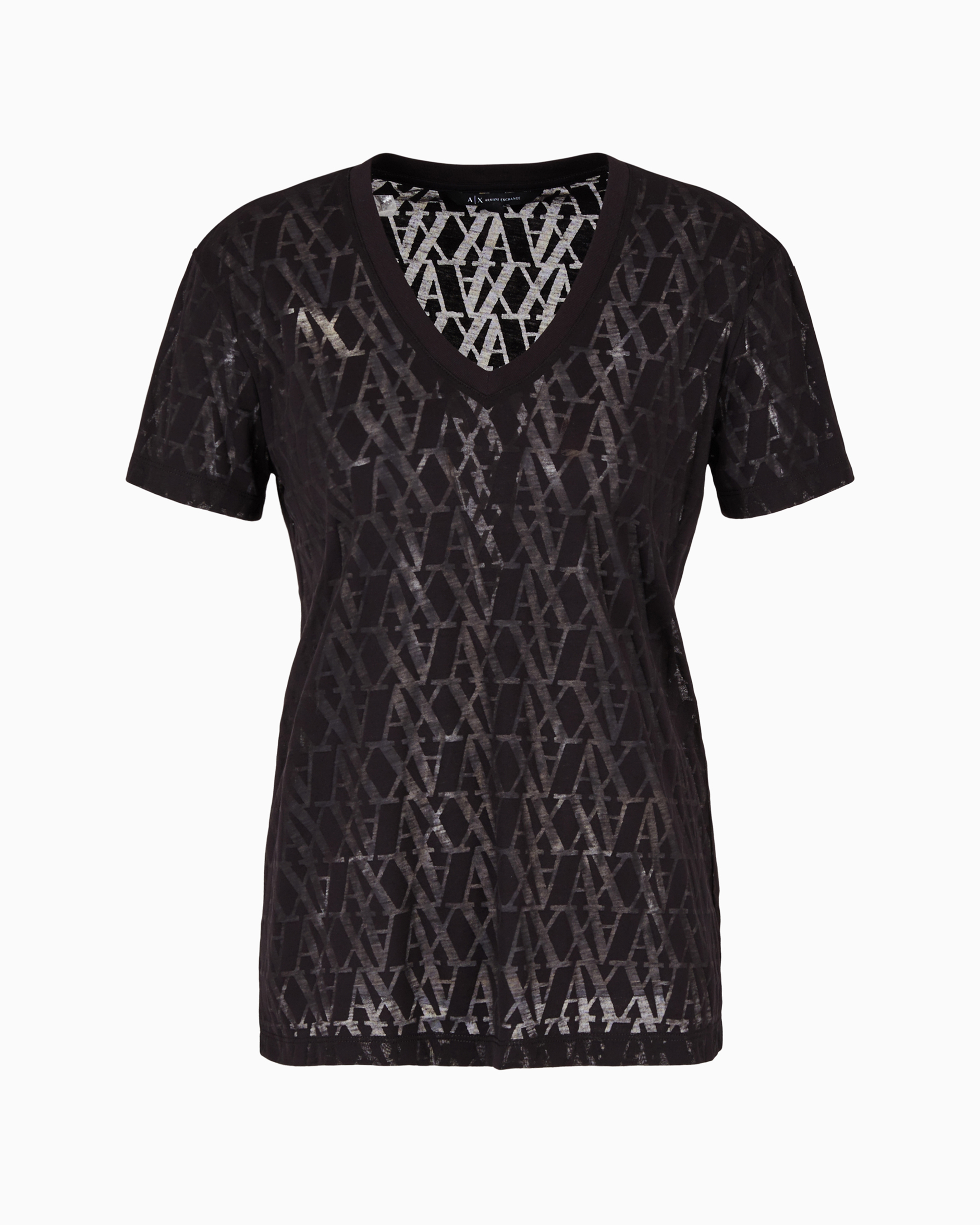 Armani Exchange - Regular fit T-shirt flamed fabric with allover monogram, Woman, Black, Size: