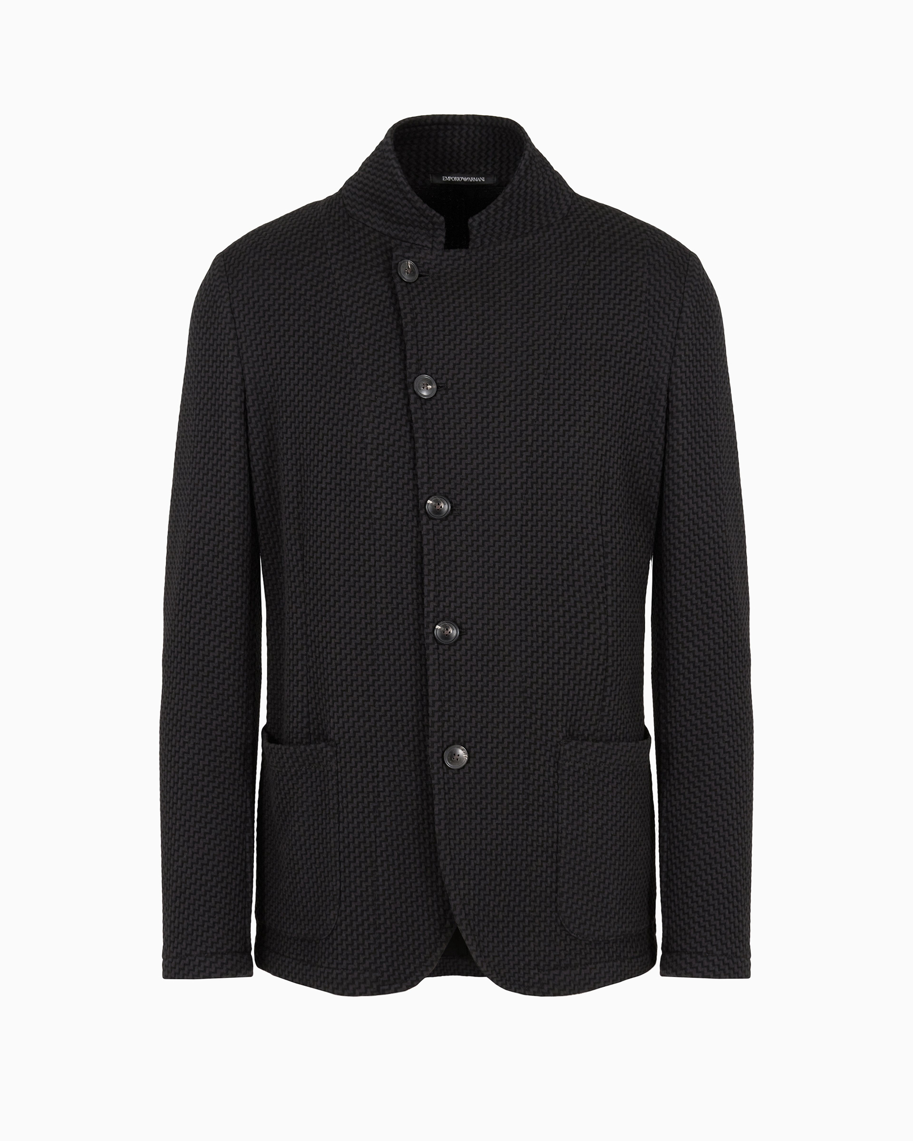Guru-collar jacket with off-centre fastening in 3D-effect knit