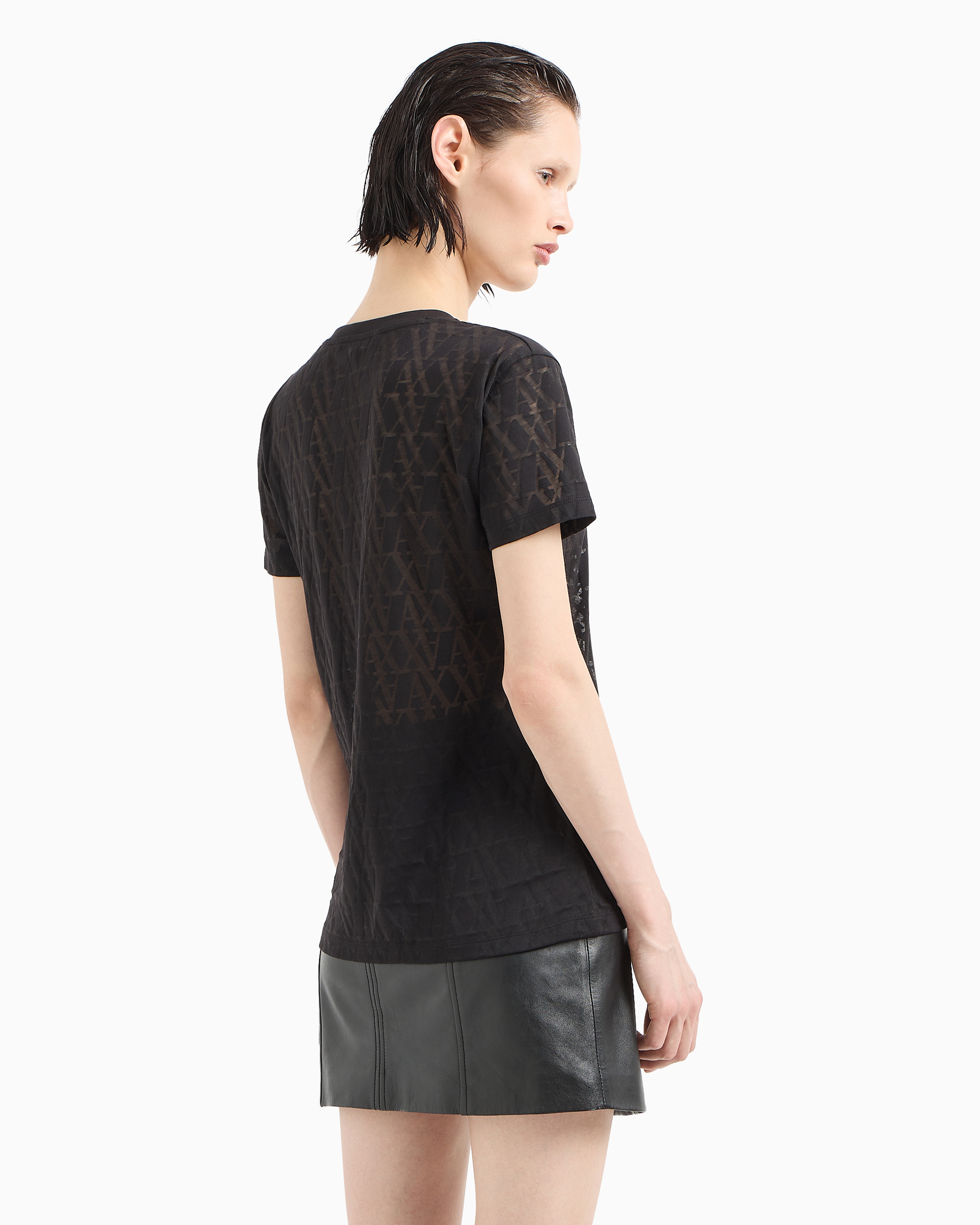 Armani Exchange - Regular fit T-shirt flamed fabric with allover monogram, Woman, Black, Size: