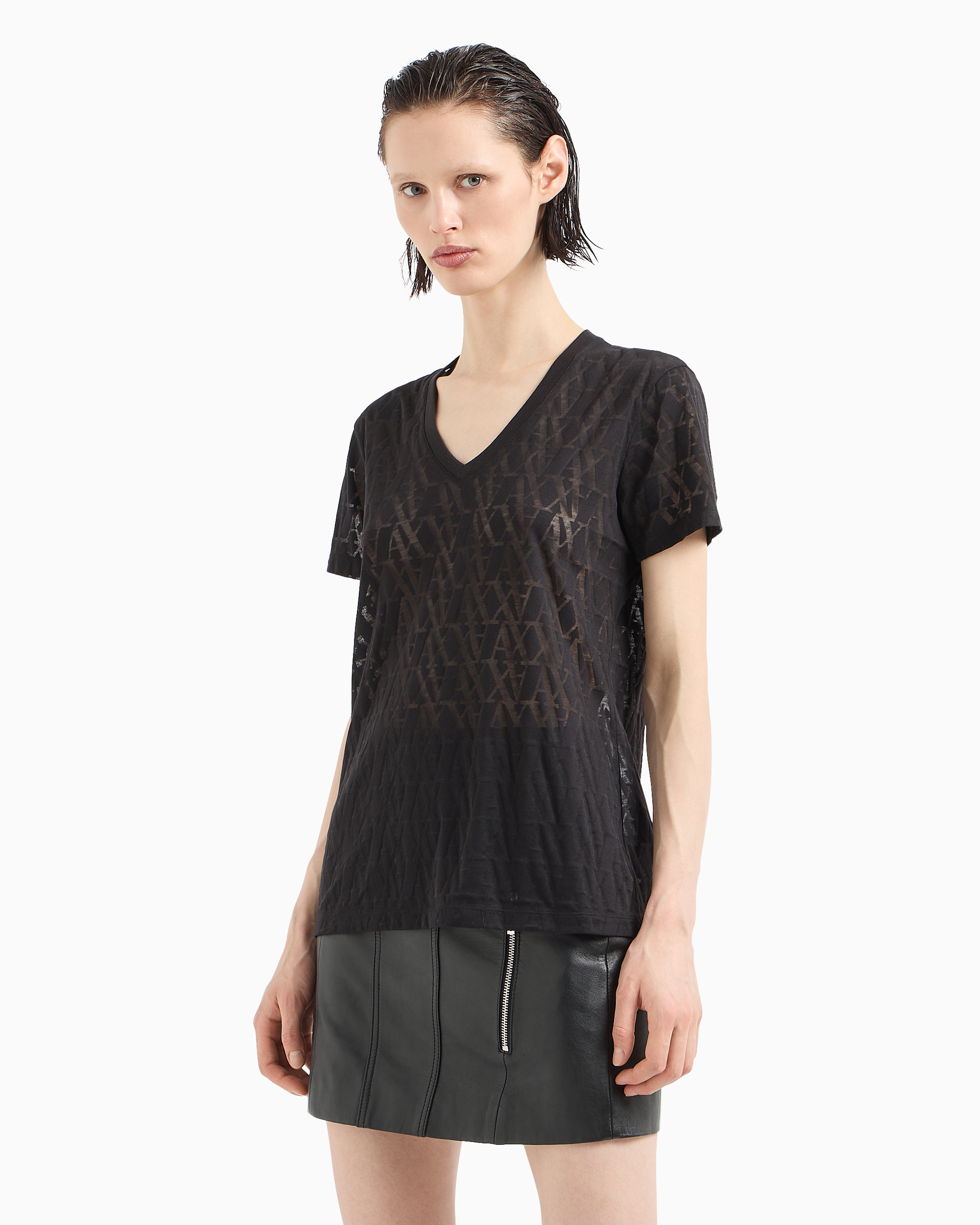 Armani Exchange - Regular fit T-shirt flamed fabric with allover monogram, Woman, Black, Size: