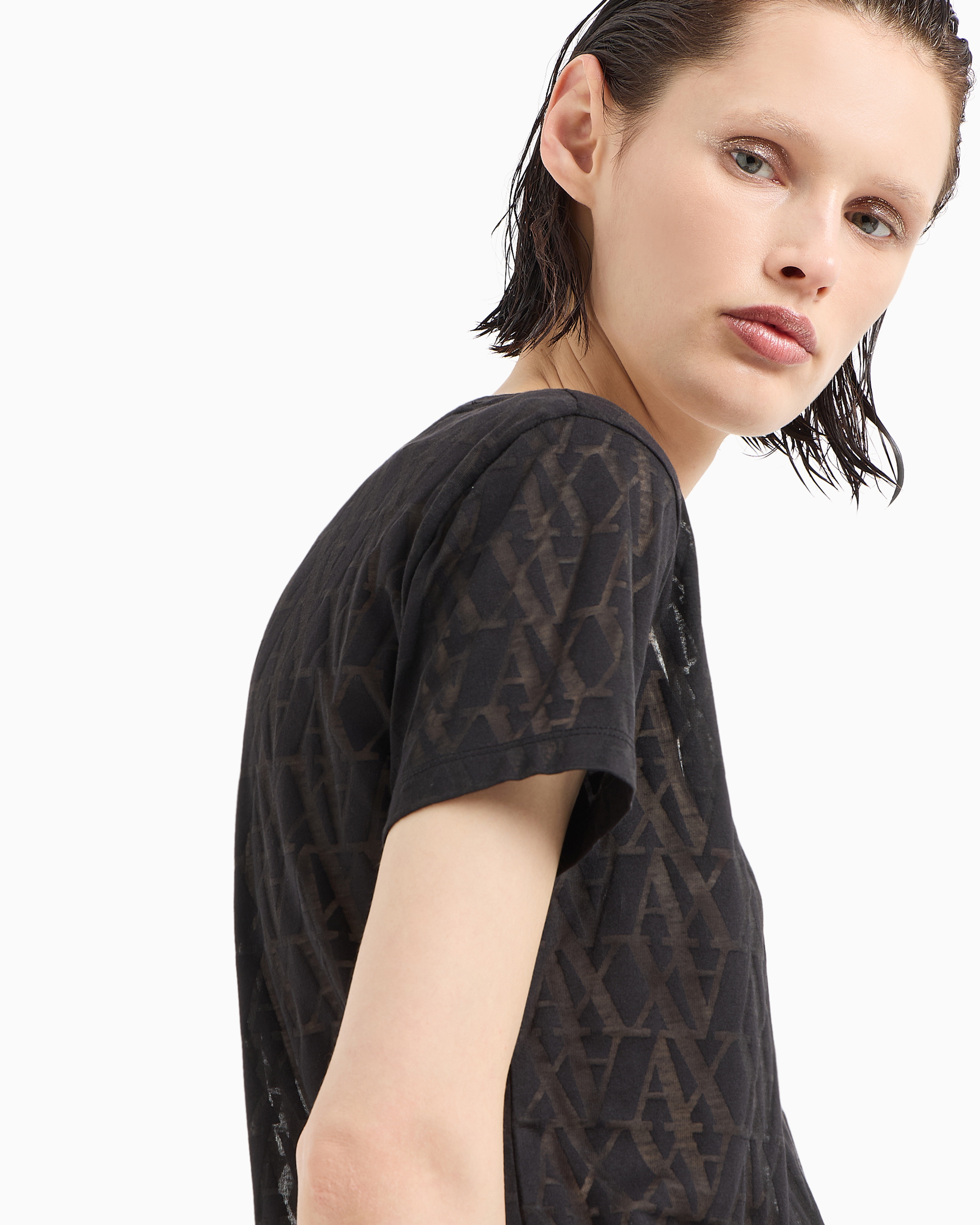 Armani Exchange - Regular fit T-shirt flamed fabric with allover monogram, Woman, Black, Size: