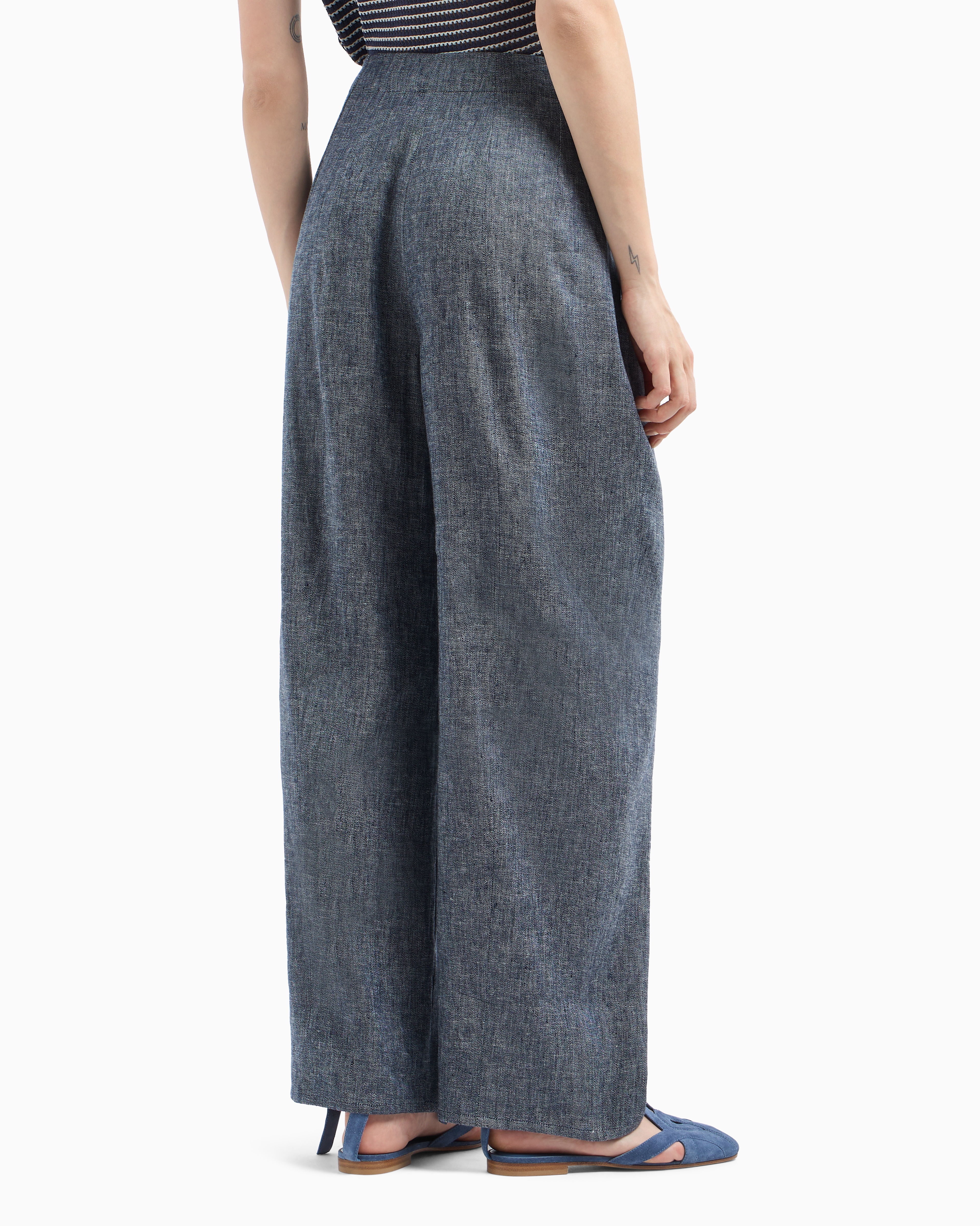 Emporio Armani - Chambray blend linen trousers with pleats, Woman, Blue, Size: