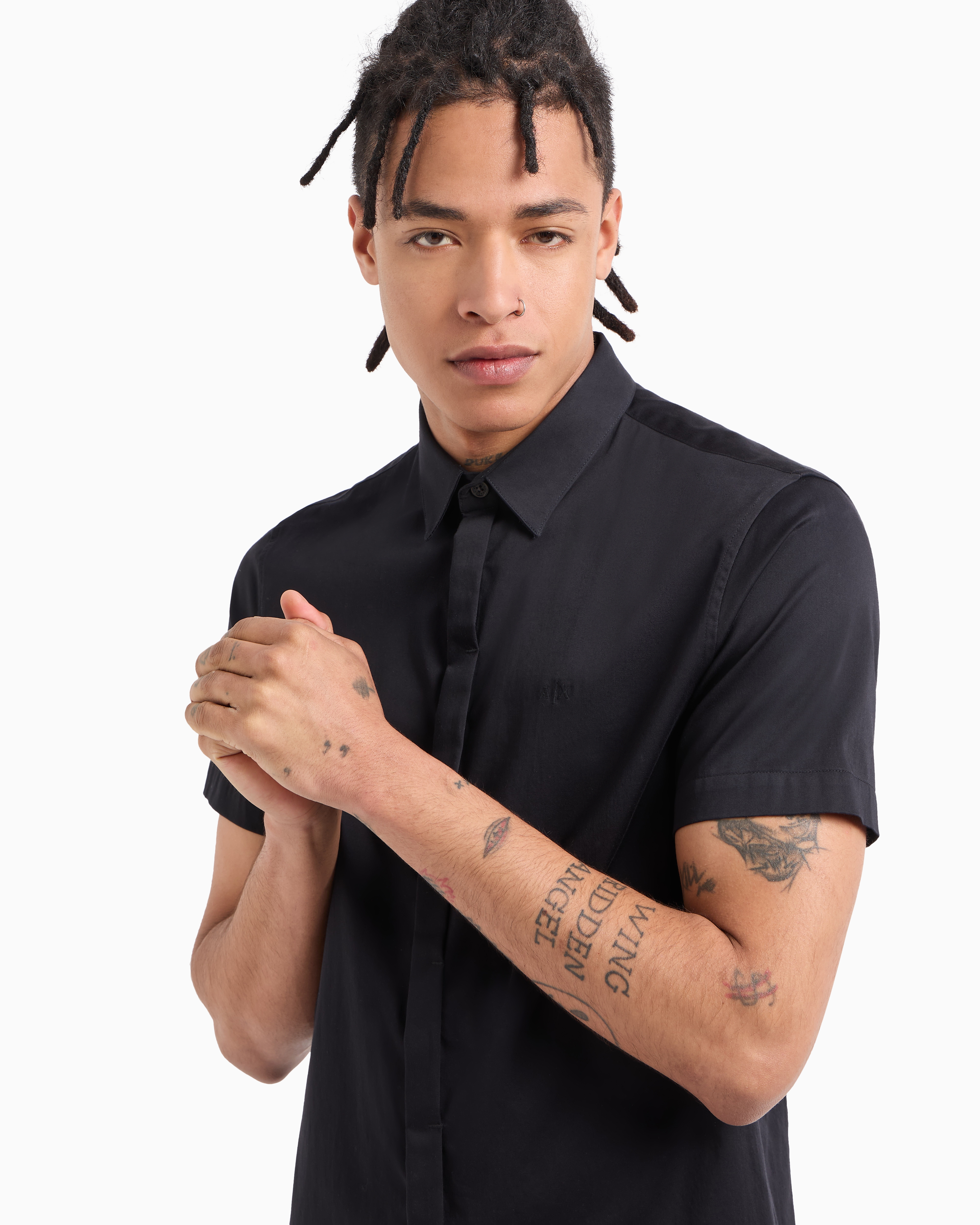 Slim fit short sleeve shirt stretch satin