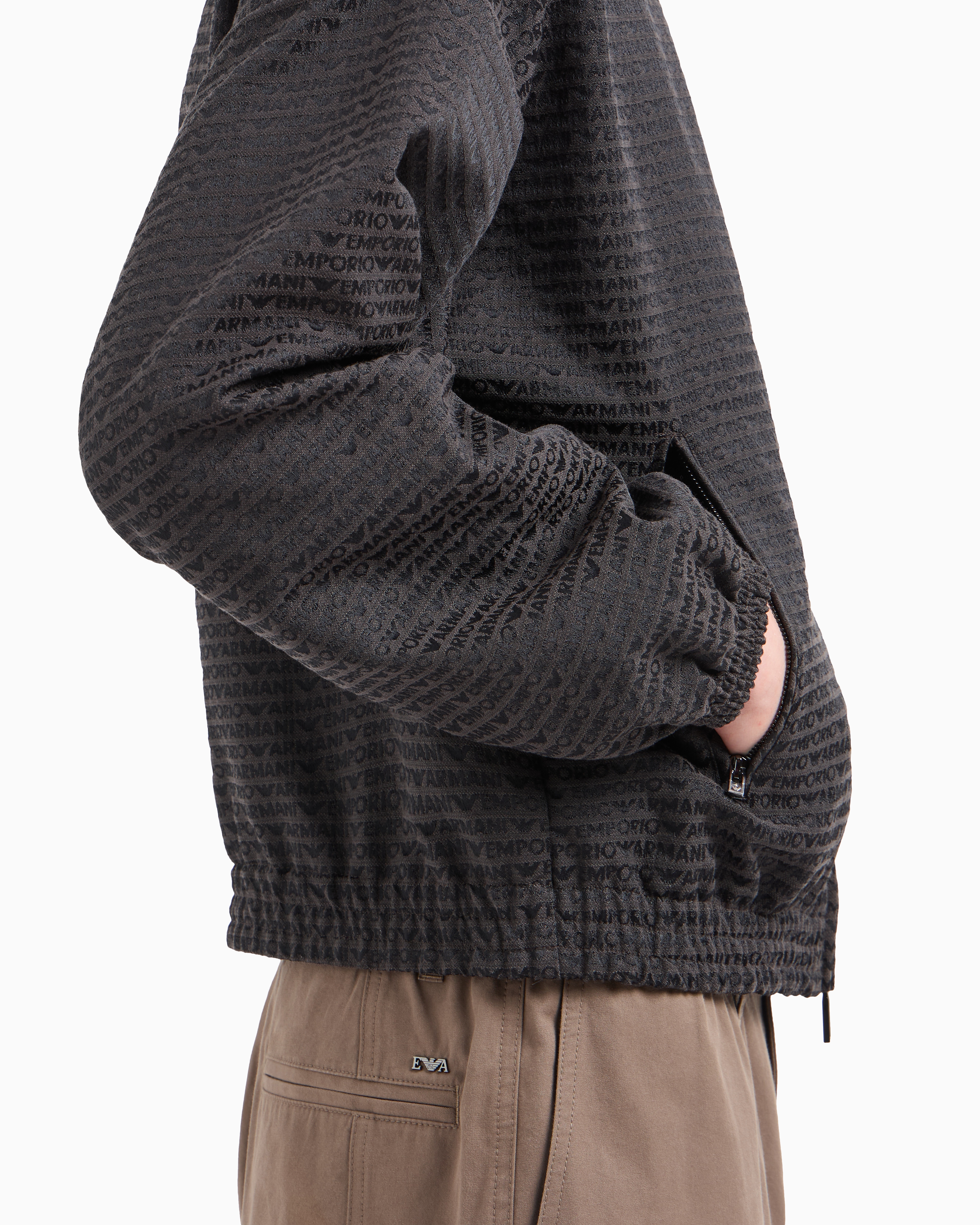 Full zip blouson in all-over jacquard lettering fabric