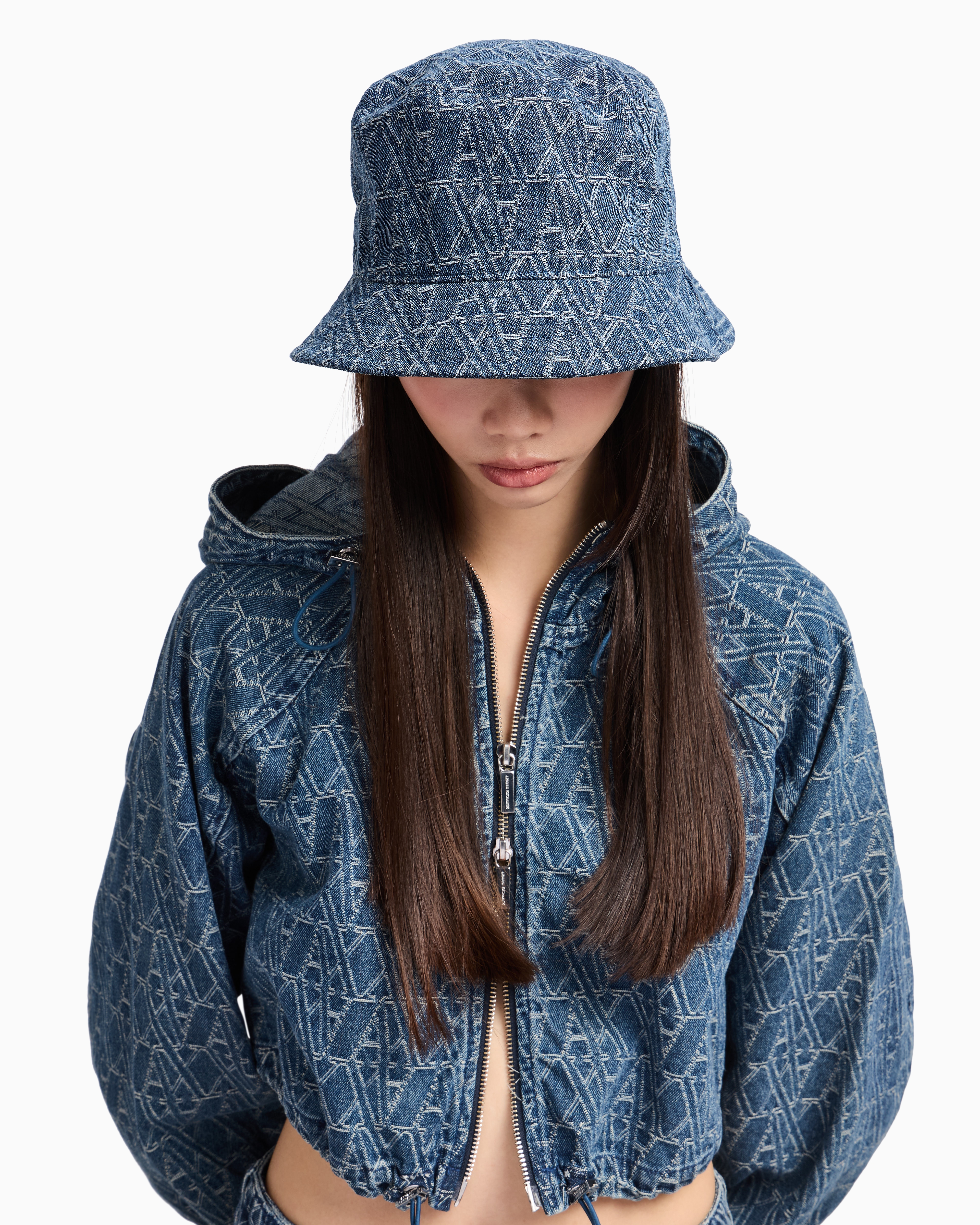 Denim bucket hat with allover logo