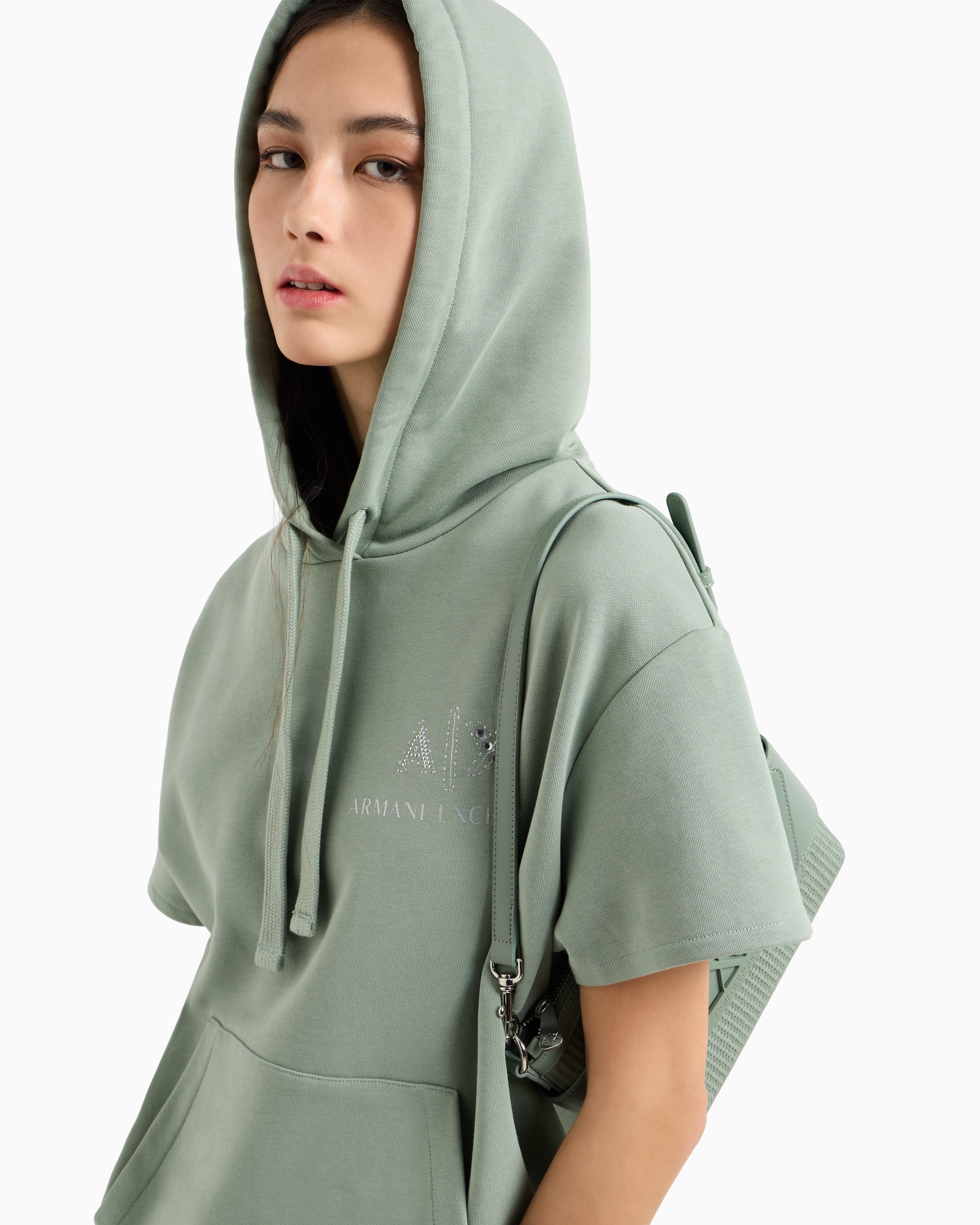 Short-sleeved sweatshirt with logo and rhinestones