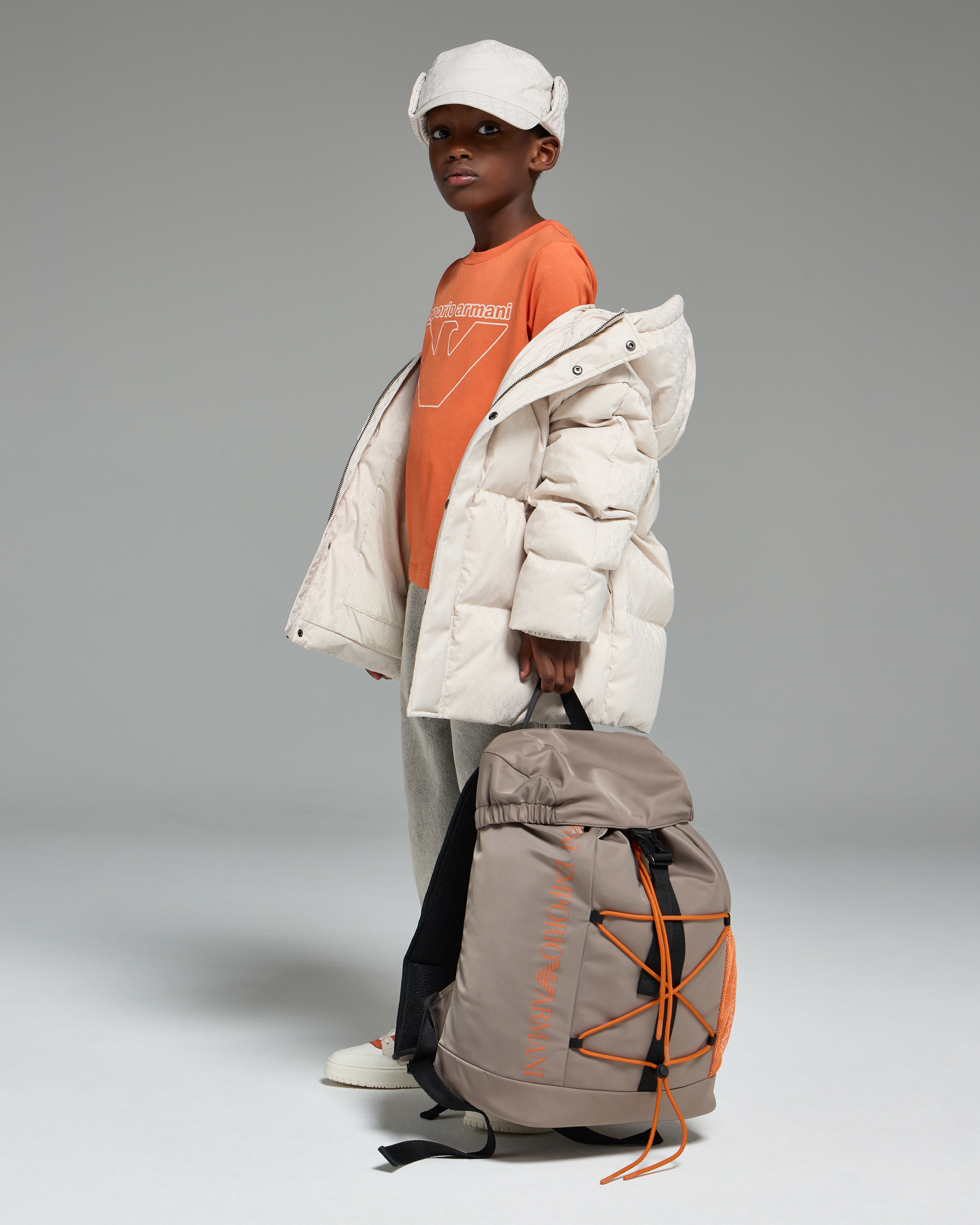 Emporio Armani - ASV jacquard nylon hooded down jacket with all-over logo, Boy, Beige, Size: