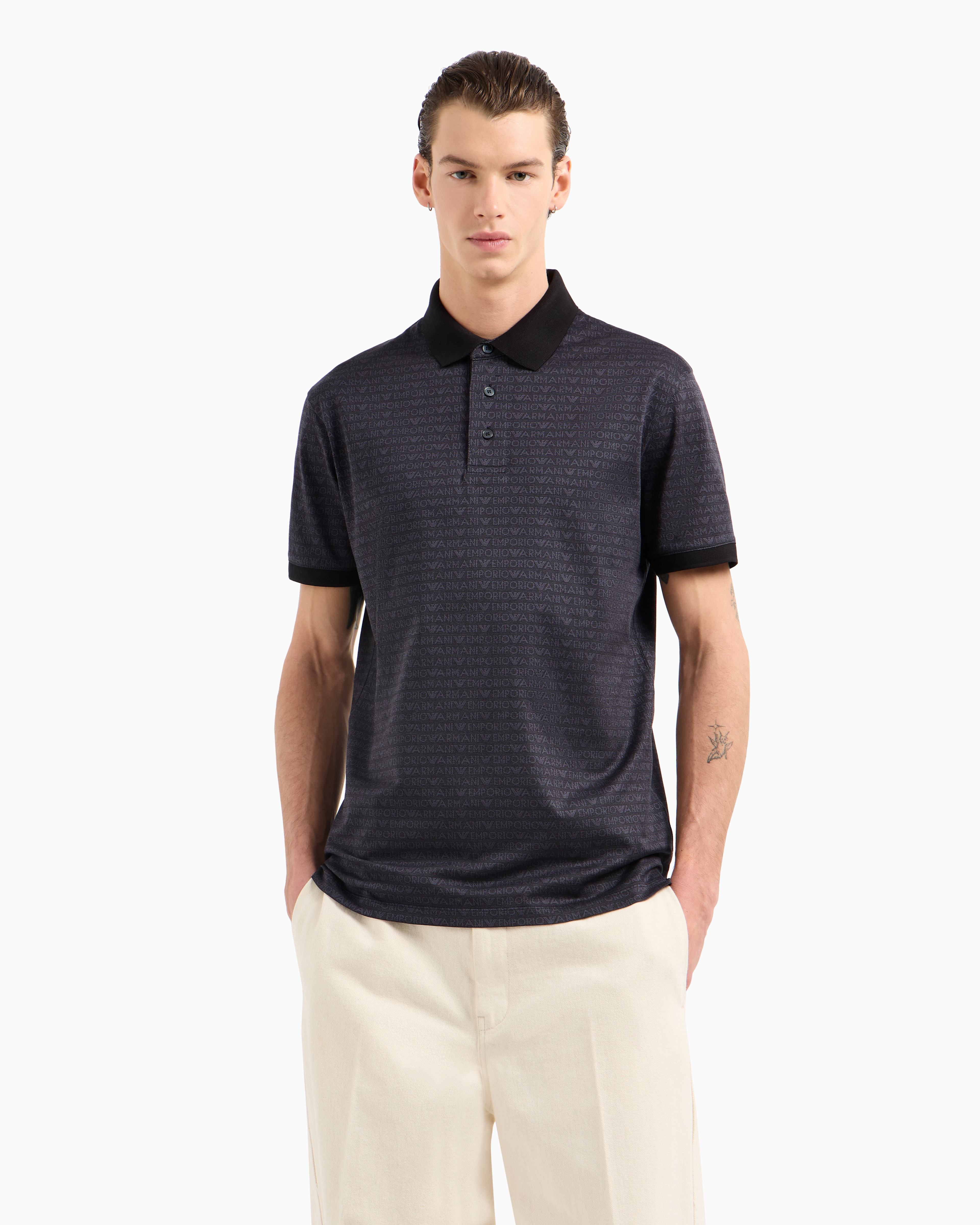 Jersey polo shirt with all-over jacquard lettering | Emporio