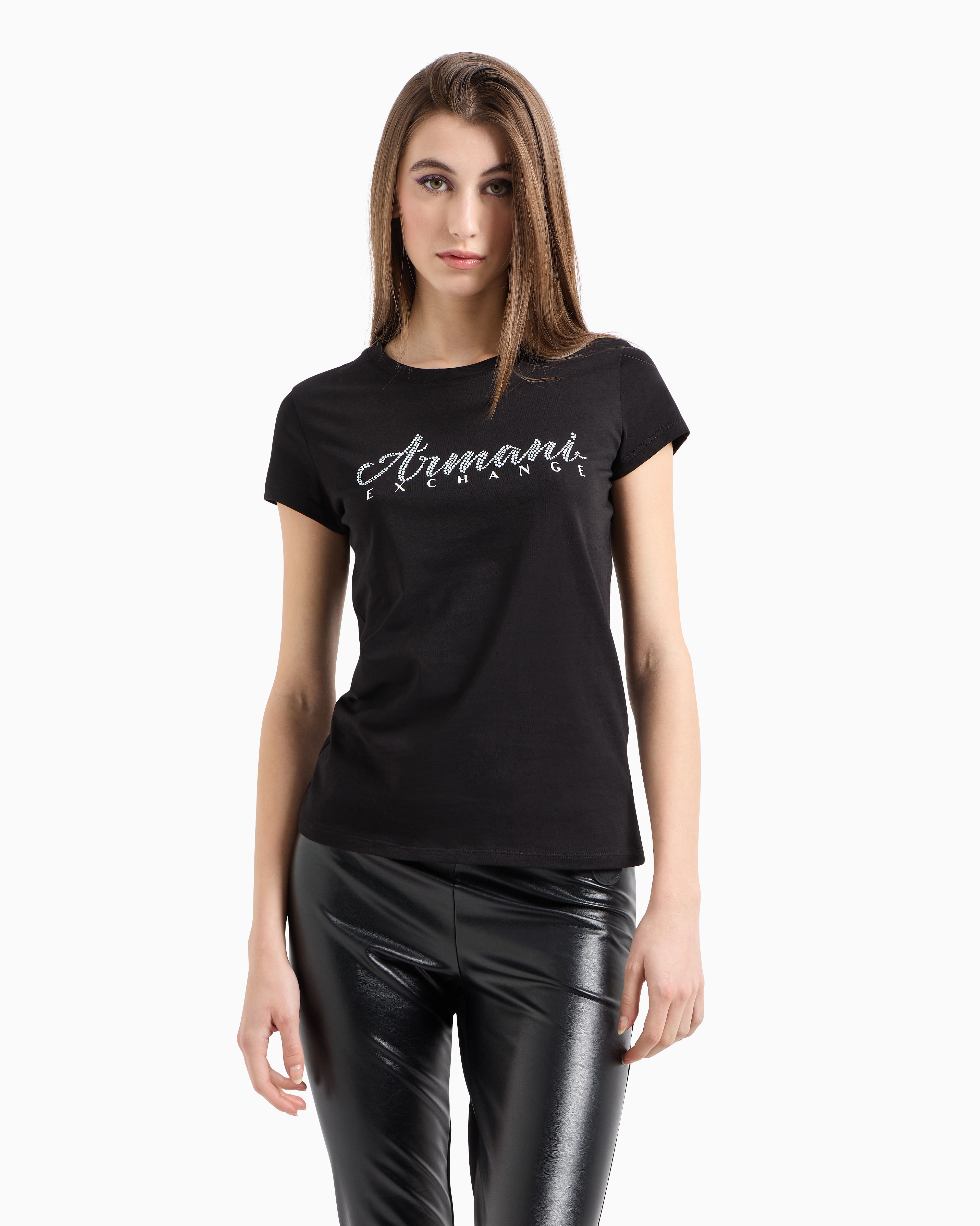 Armani Exchange - Slim fit T-shirt in stretch cotton jersey, Woman, Black, Size: XS
