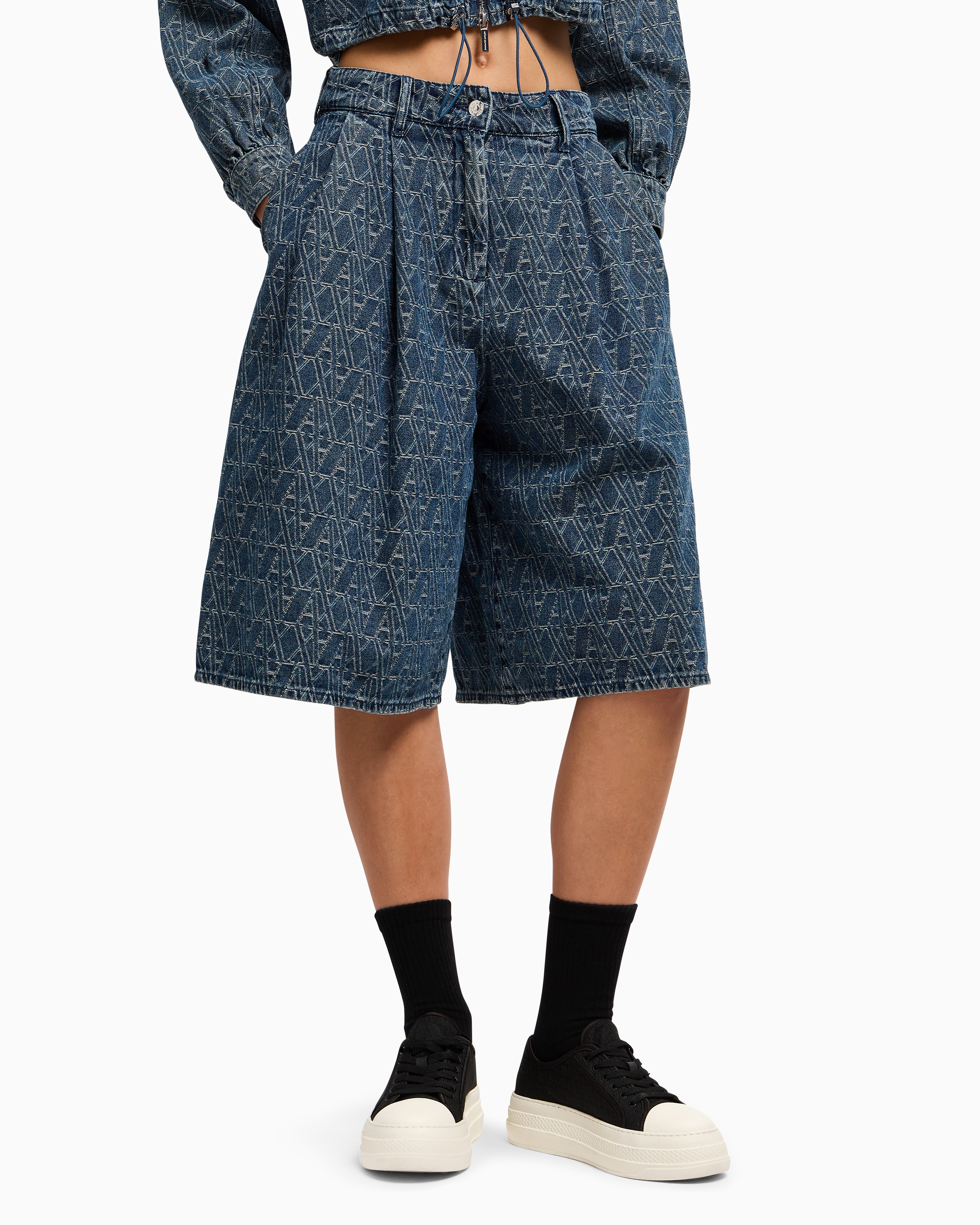 Denim Bermuda shorts with allover logo