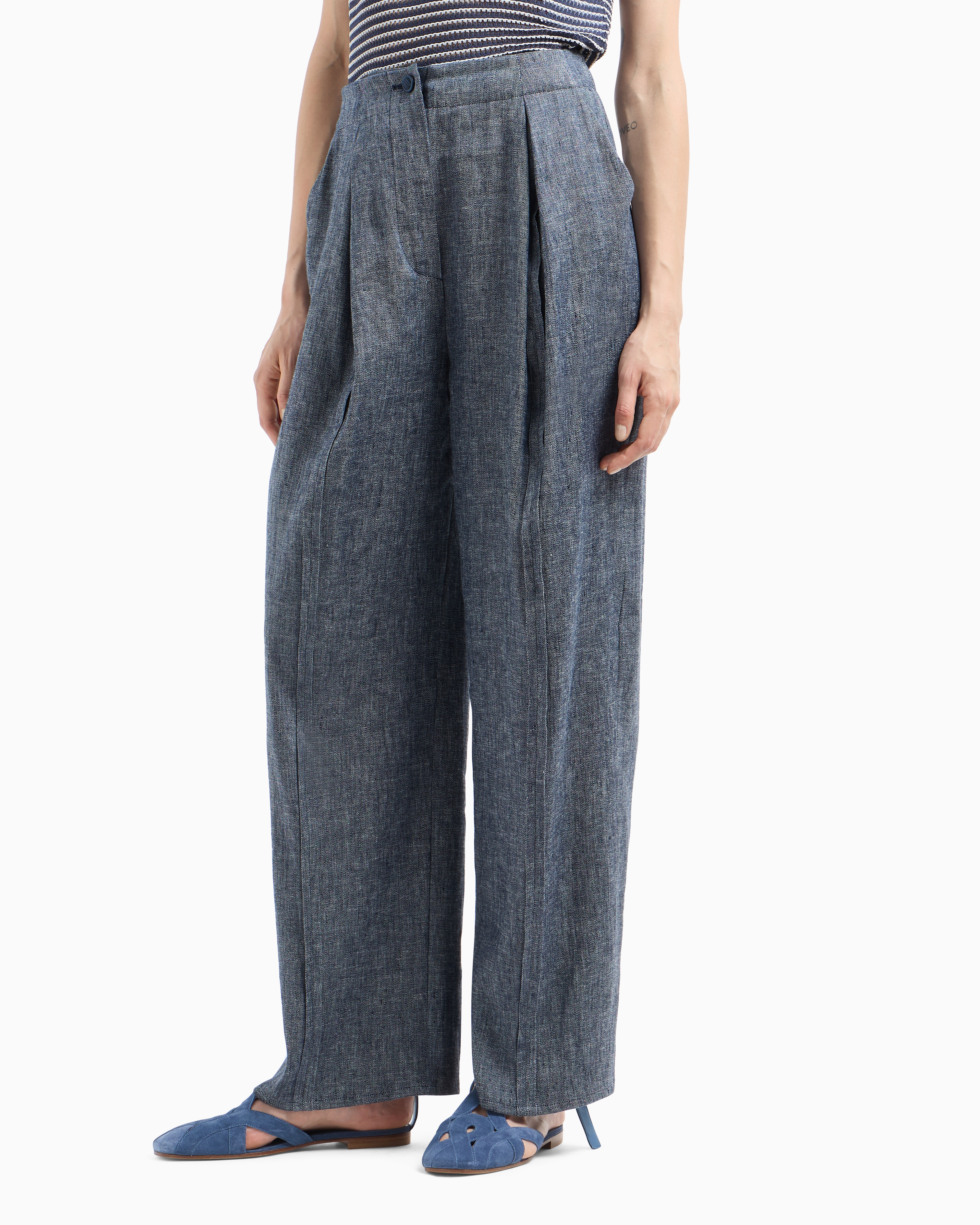 Emporio Armani - Chambray blend linen trousers with pleats, Woman, Blue, Size: