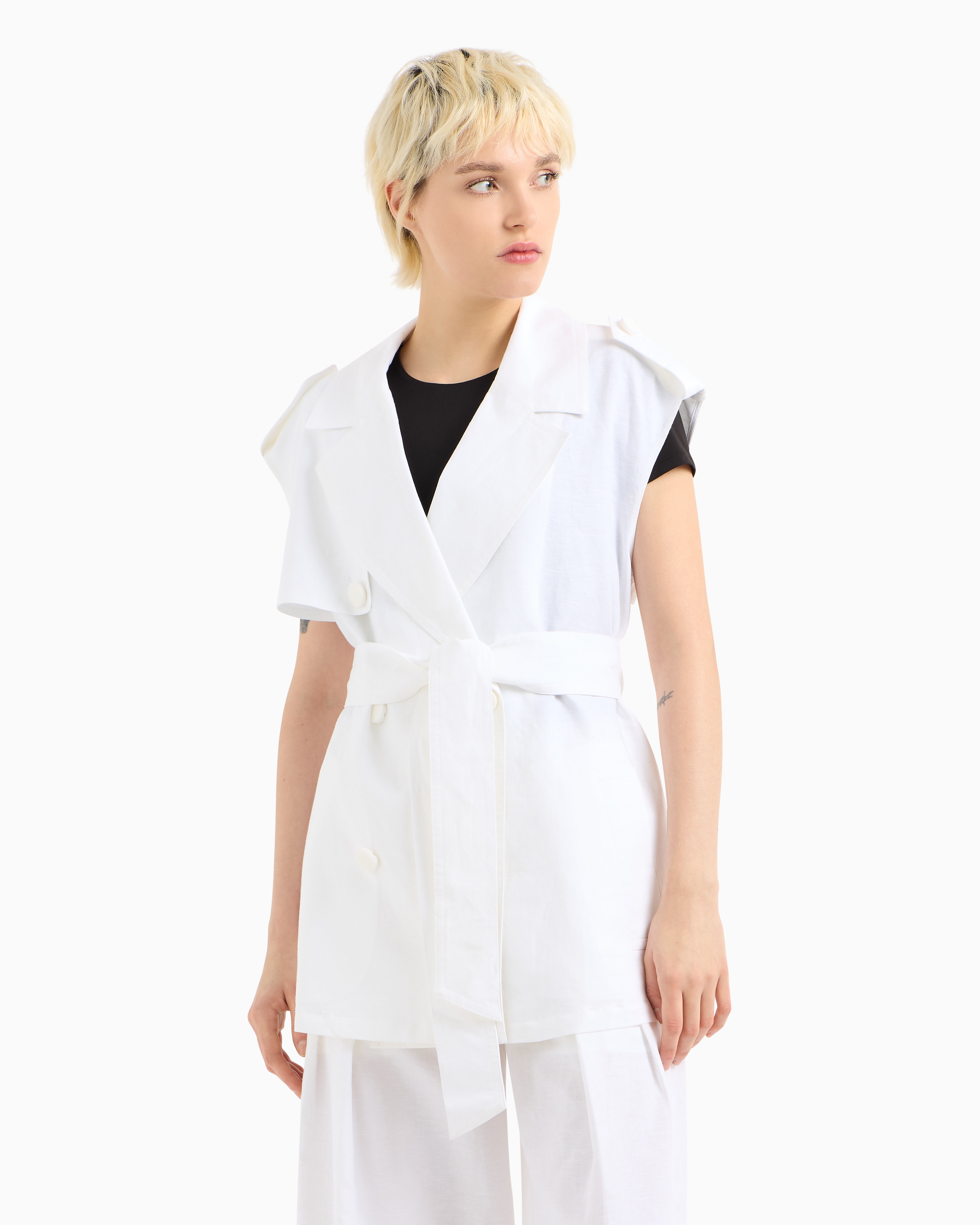 Double-breasted waistcoat with belt linen blend