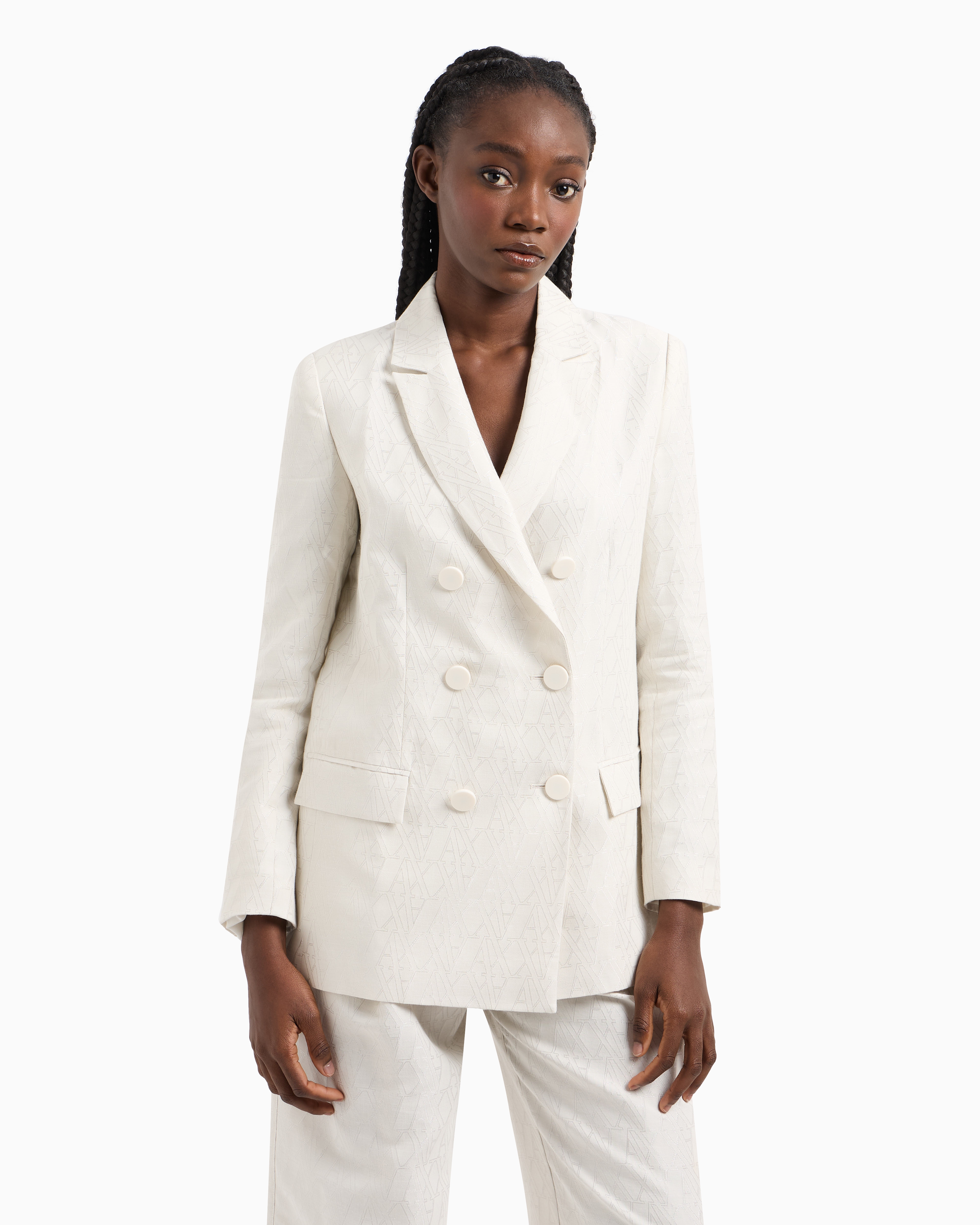 Double-breasted jacket fabric with allover logo