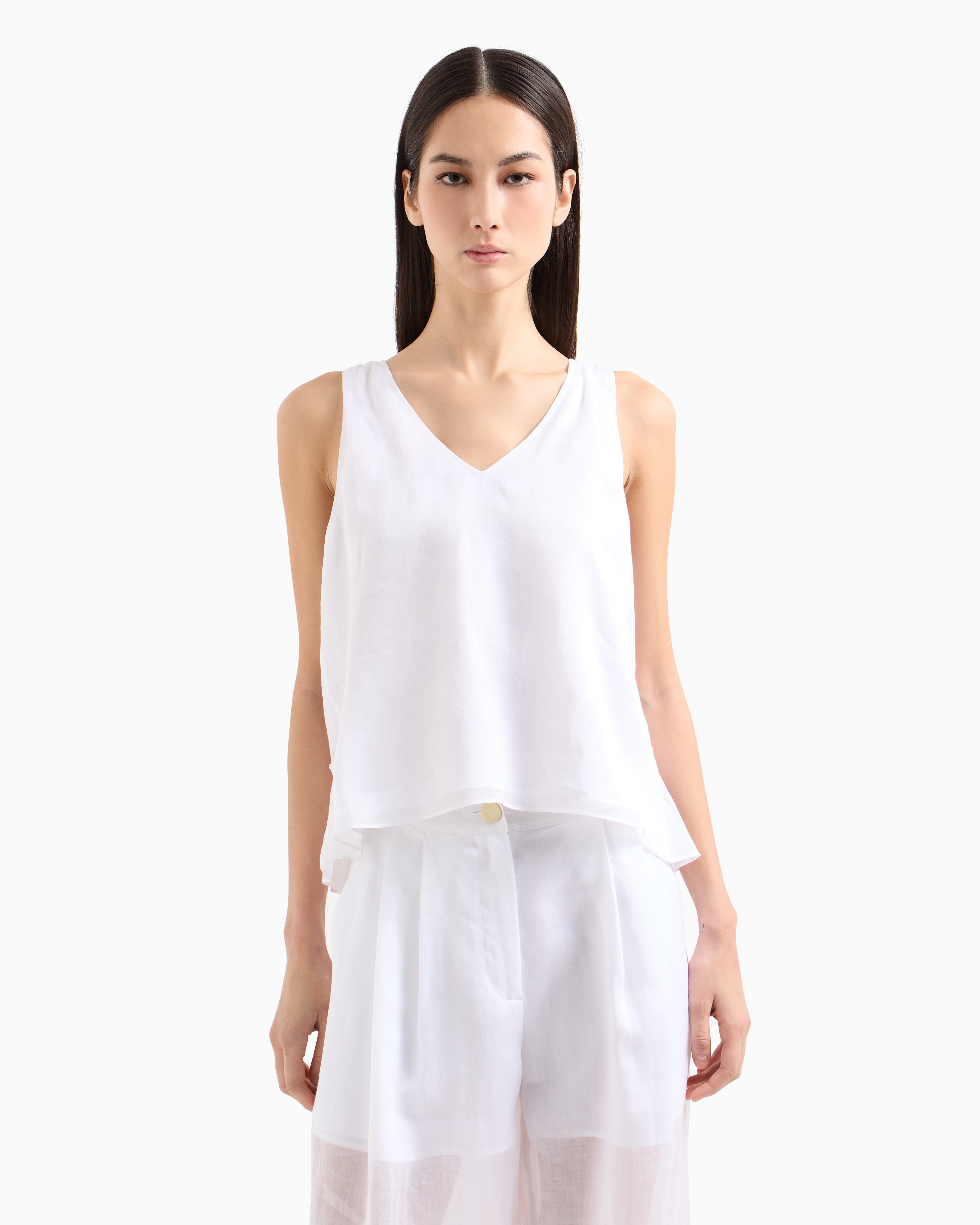Asymmetrical ramie top with ruffle
