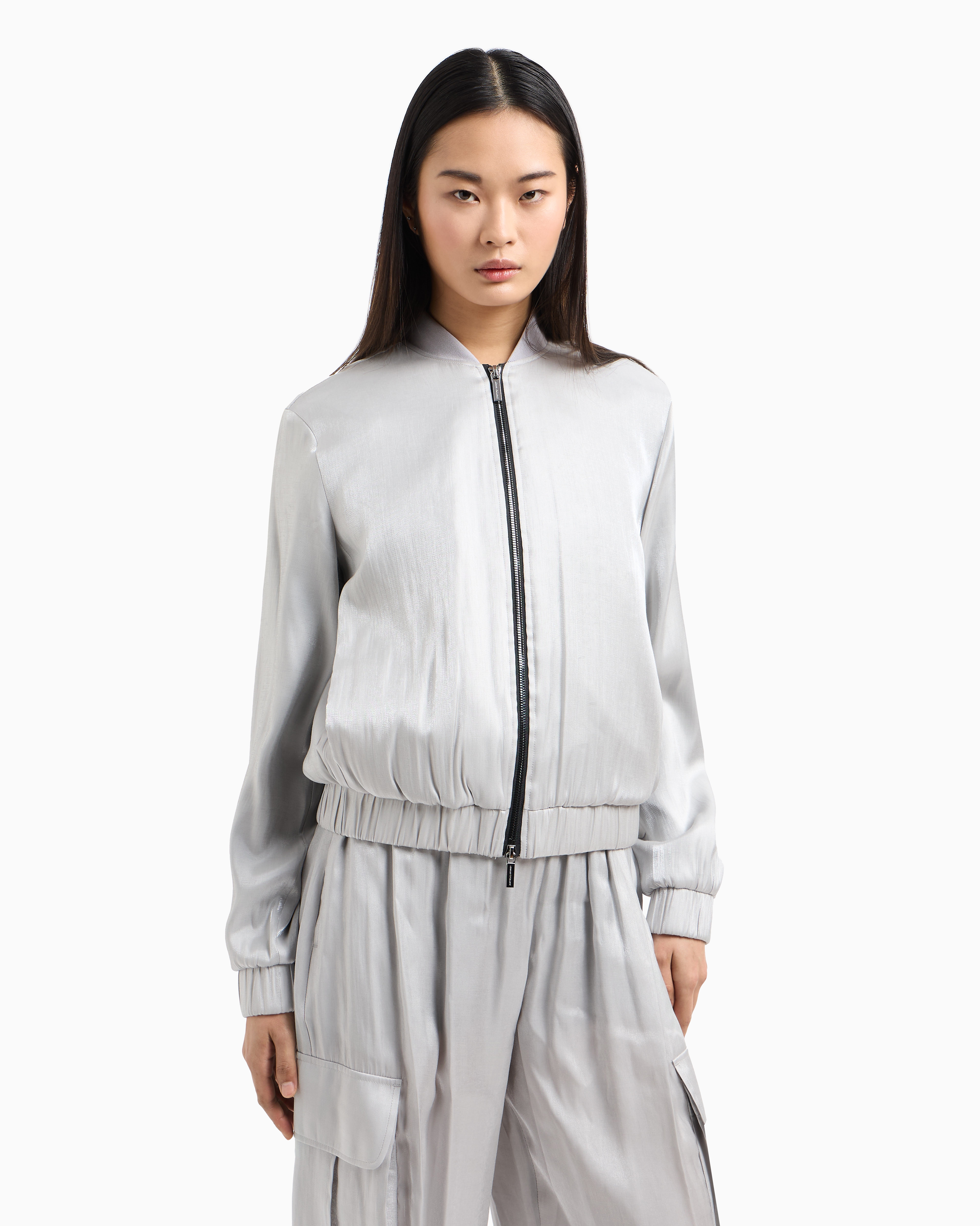 Bomber jacket glitter satin fabric