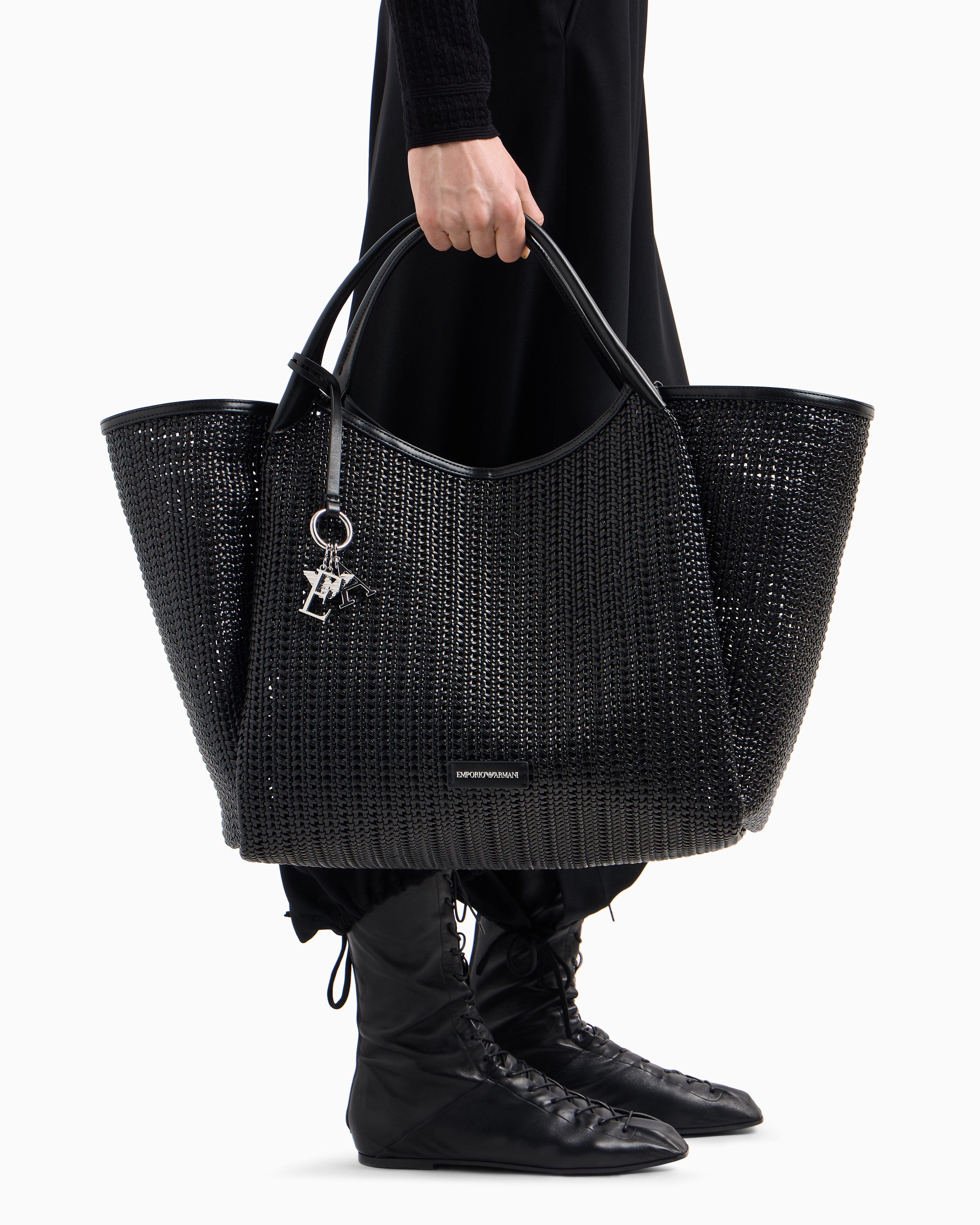 Emporio Armani - Oversized interwoven shopper bag with logo charm, Woman, Black, Size: TU