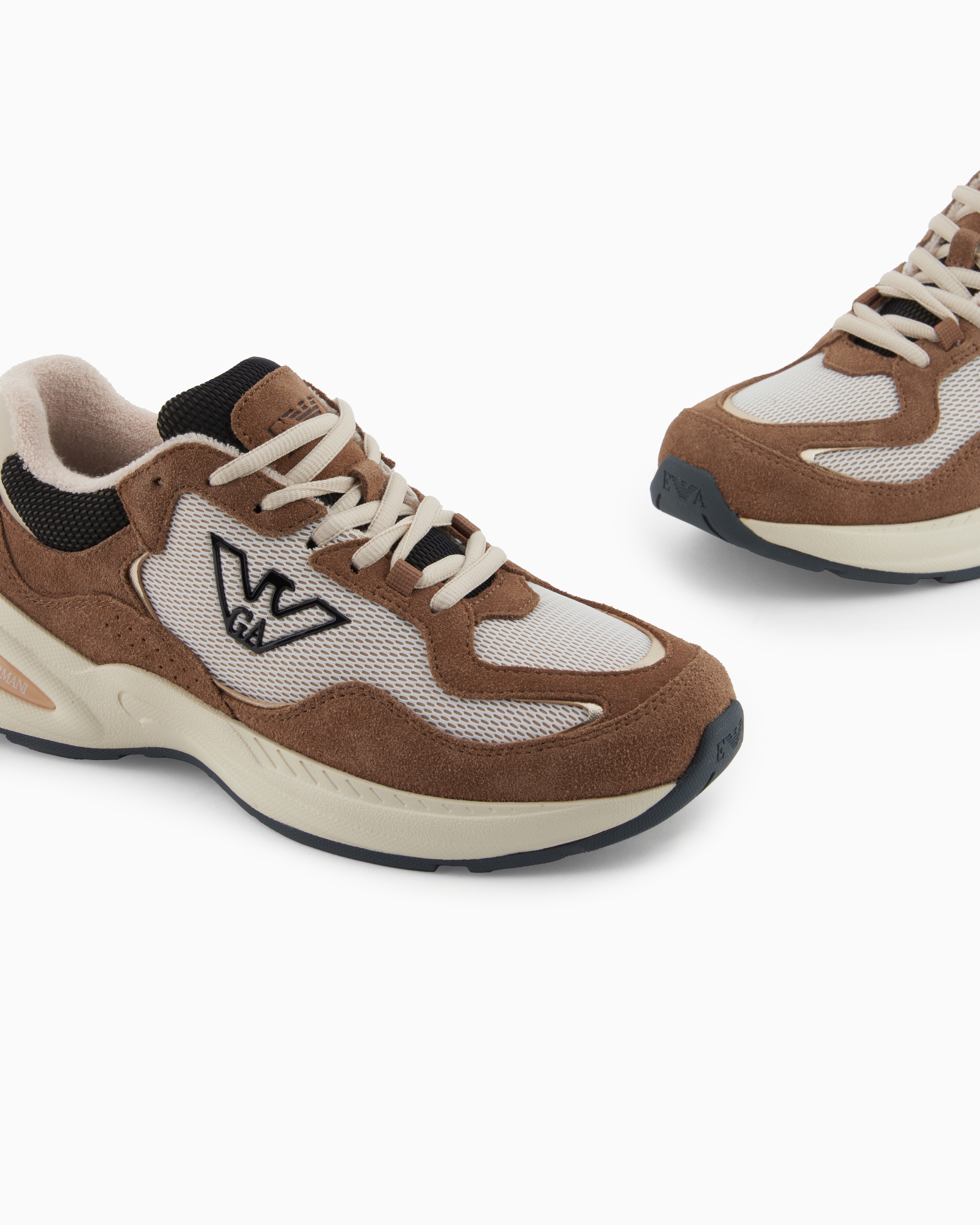Emporio Armani - Mesh sneakers with suede details and an eagle logo, Woman, Beige, Size:
