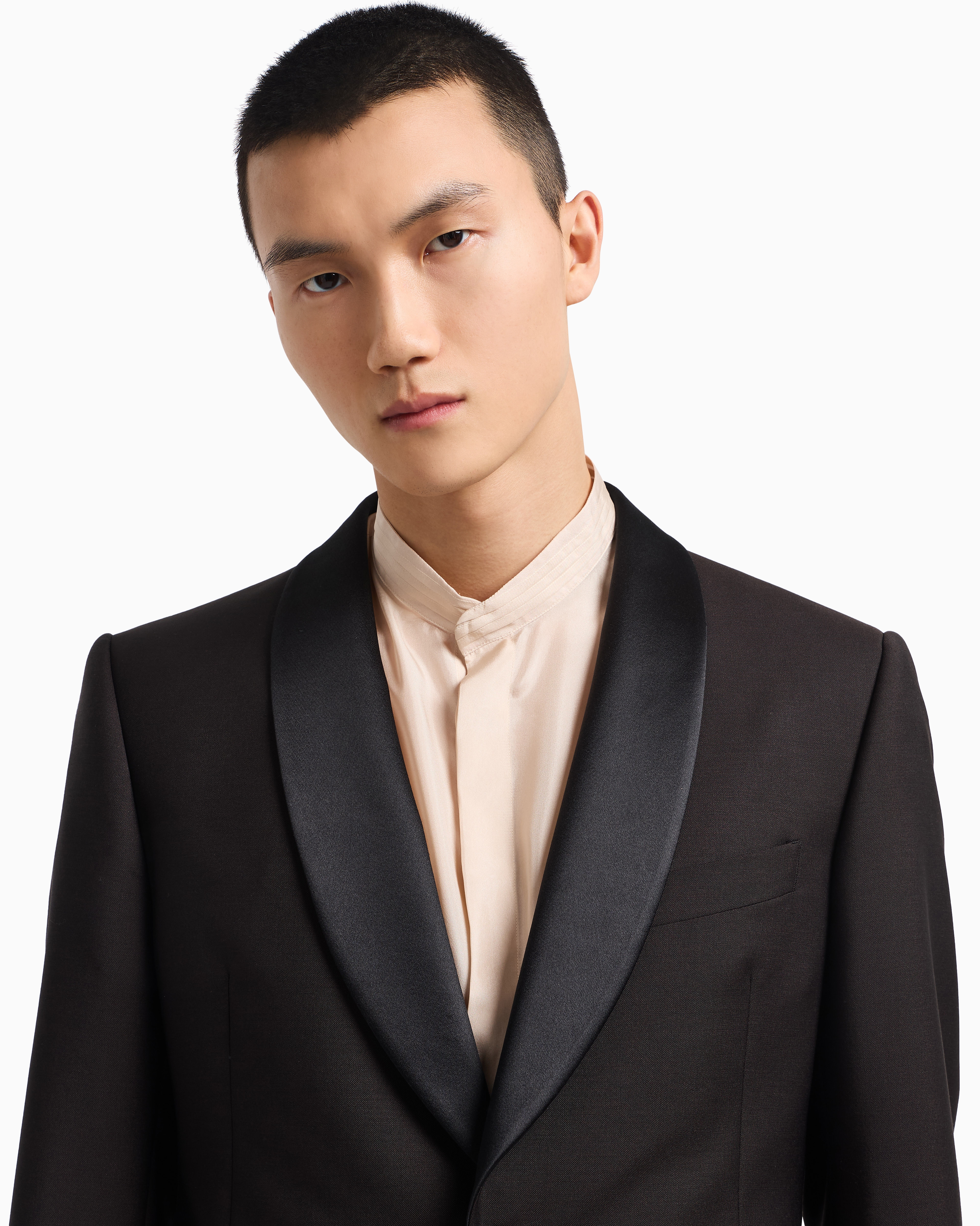 【美品EMPORIO ARMANI】ショールカラージャケット フード付 タキシードジャケット モヘア／ウール混紡 ハイツイスト ショール