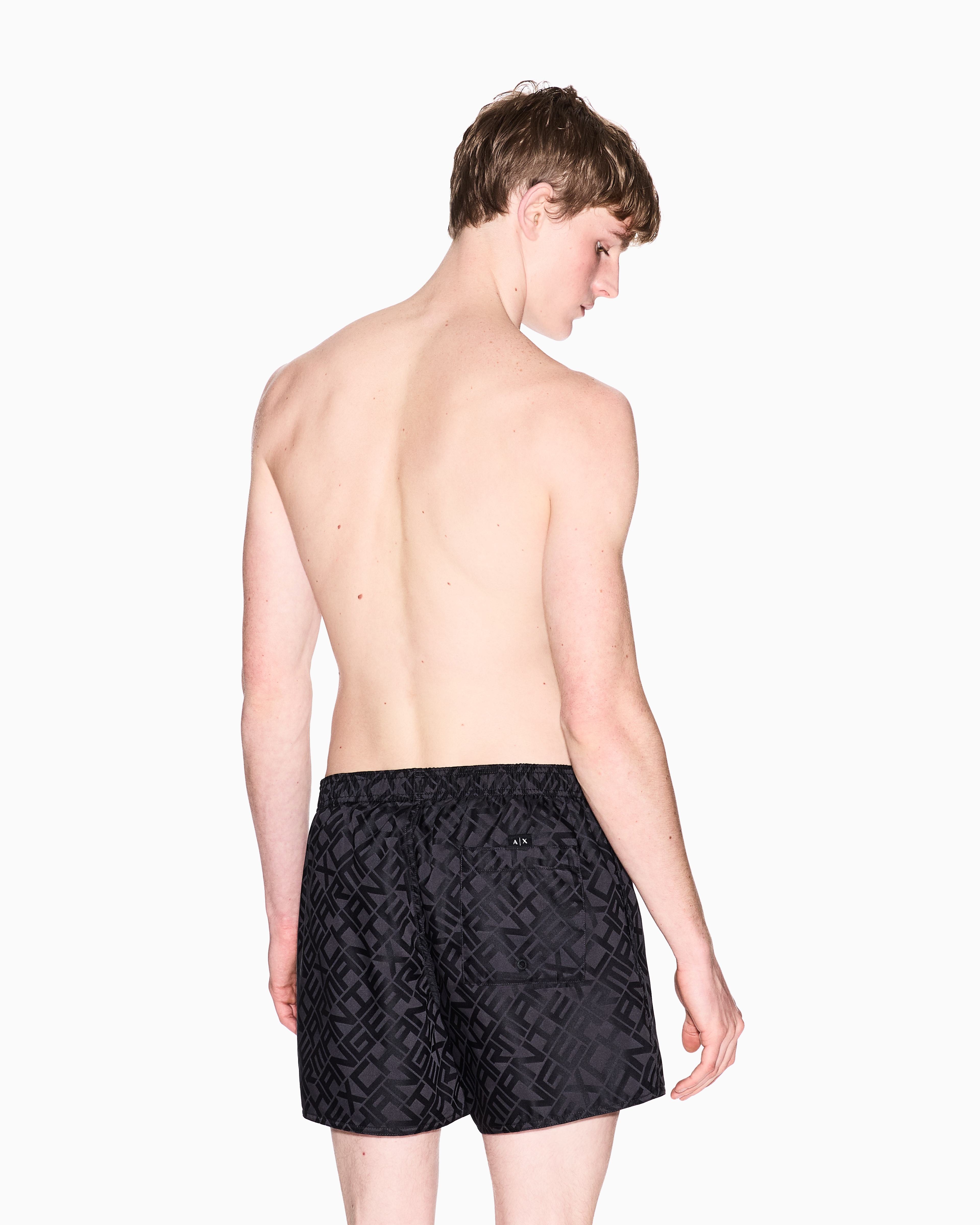 Armani Exchange - Allover logo patterned boxer swimsuit, Man, Black, Size: L
