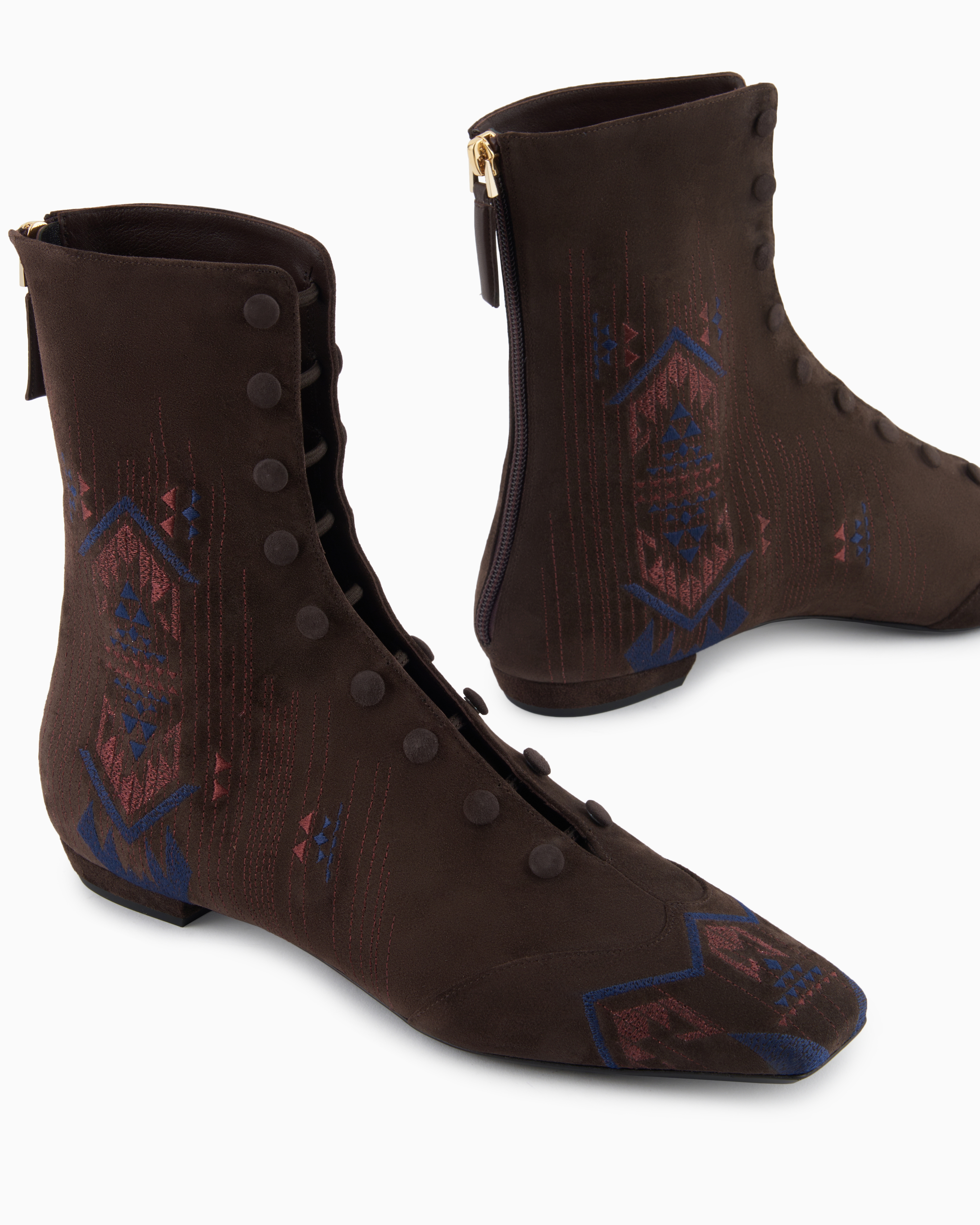 Giorgio Armani Embroidered Suede Ankle Boots In Brown