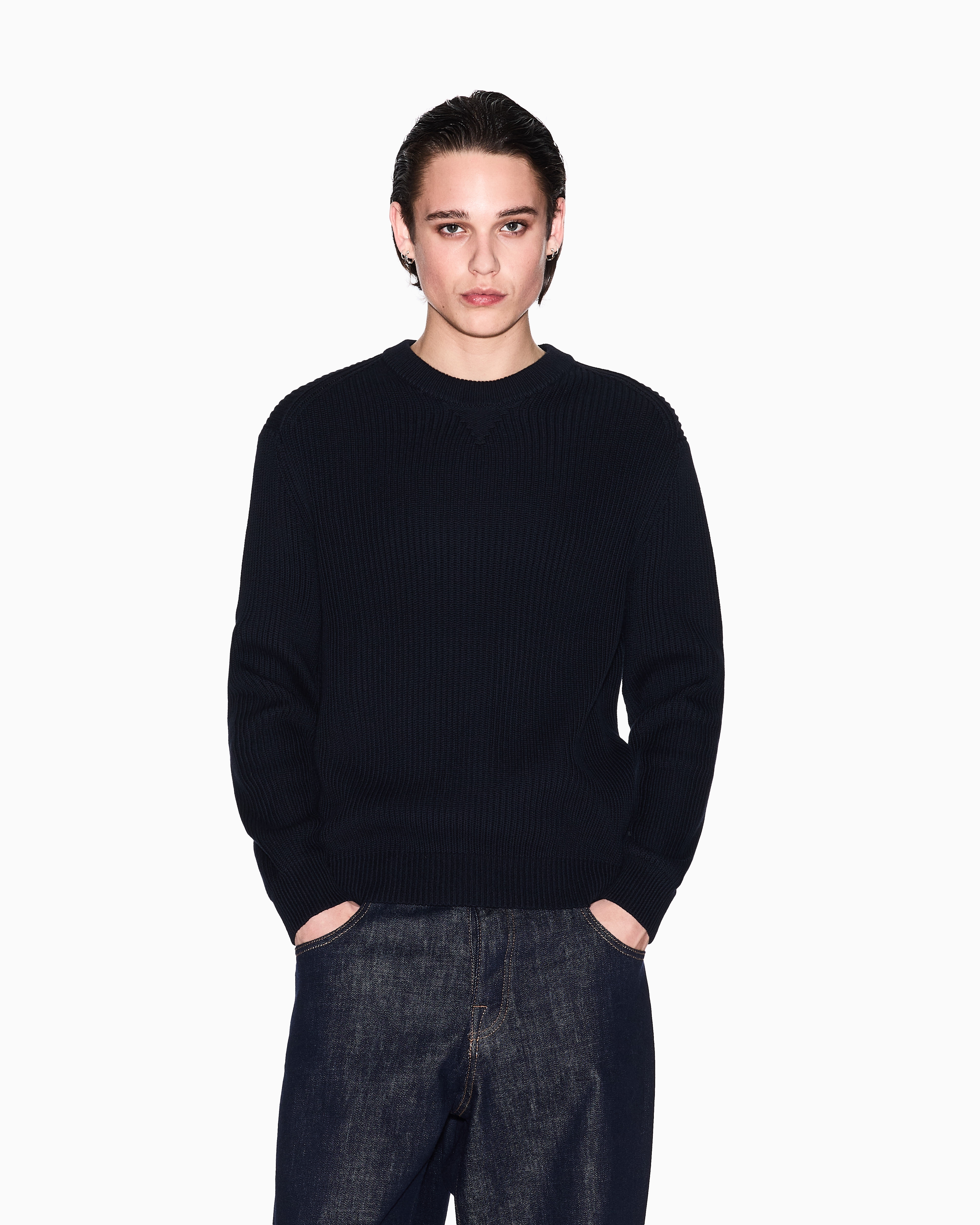 Armani Exchange - Ribbed cotton crew neck sweater, Man, Navy Blue, Size: M