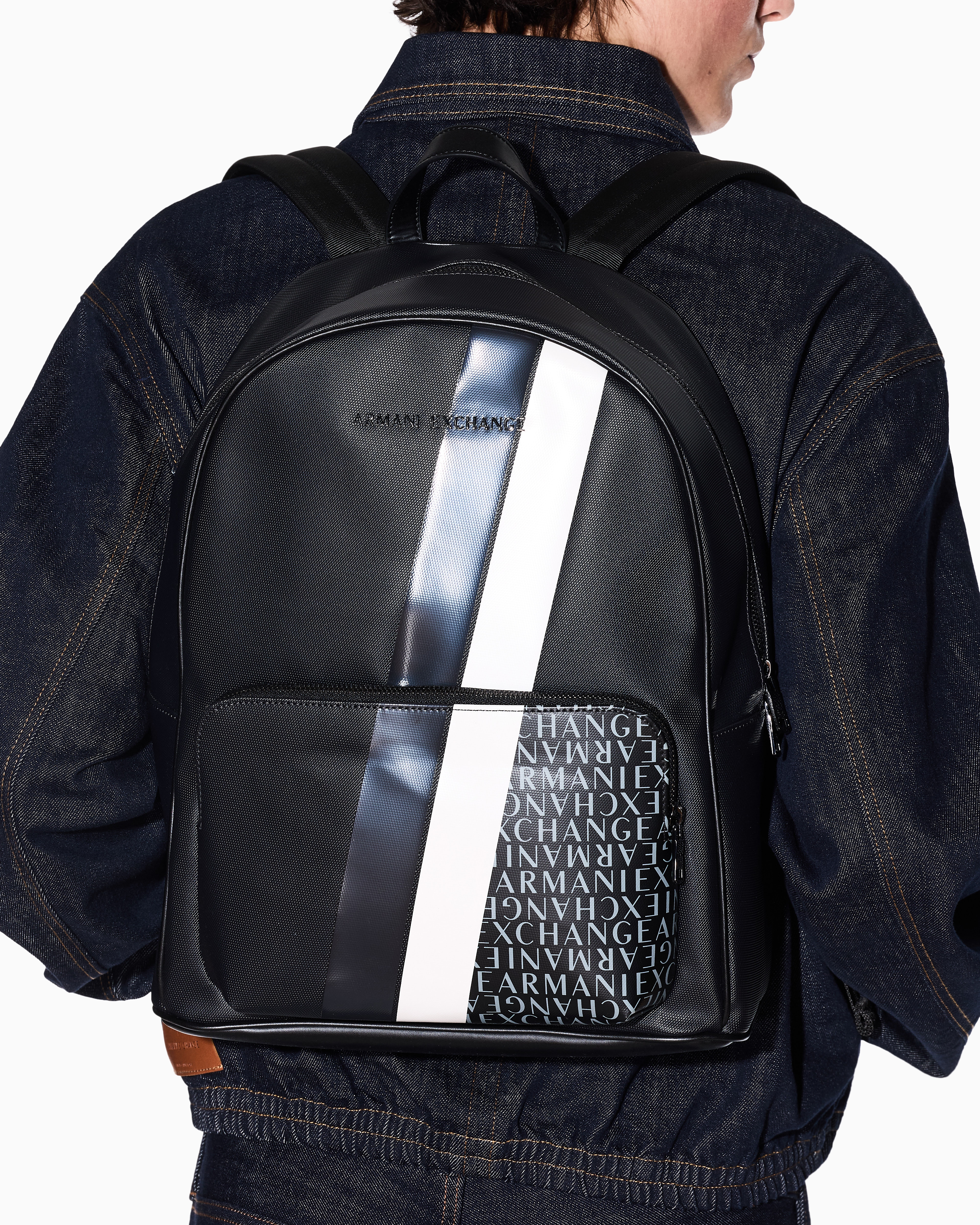Backpack with monogram and stripes