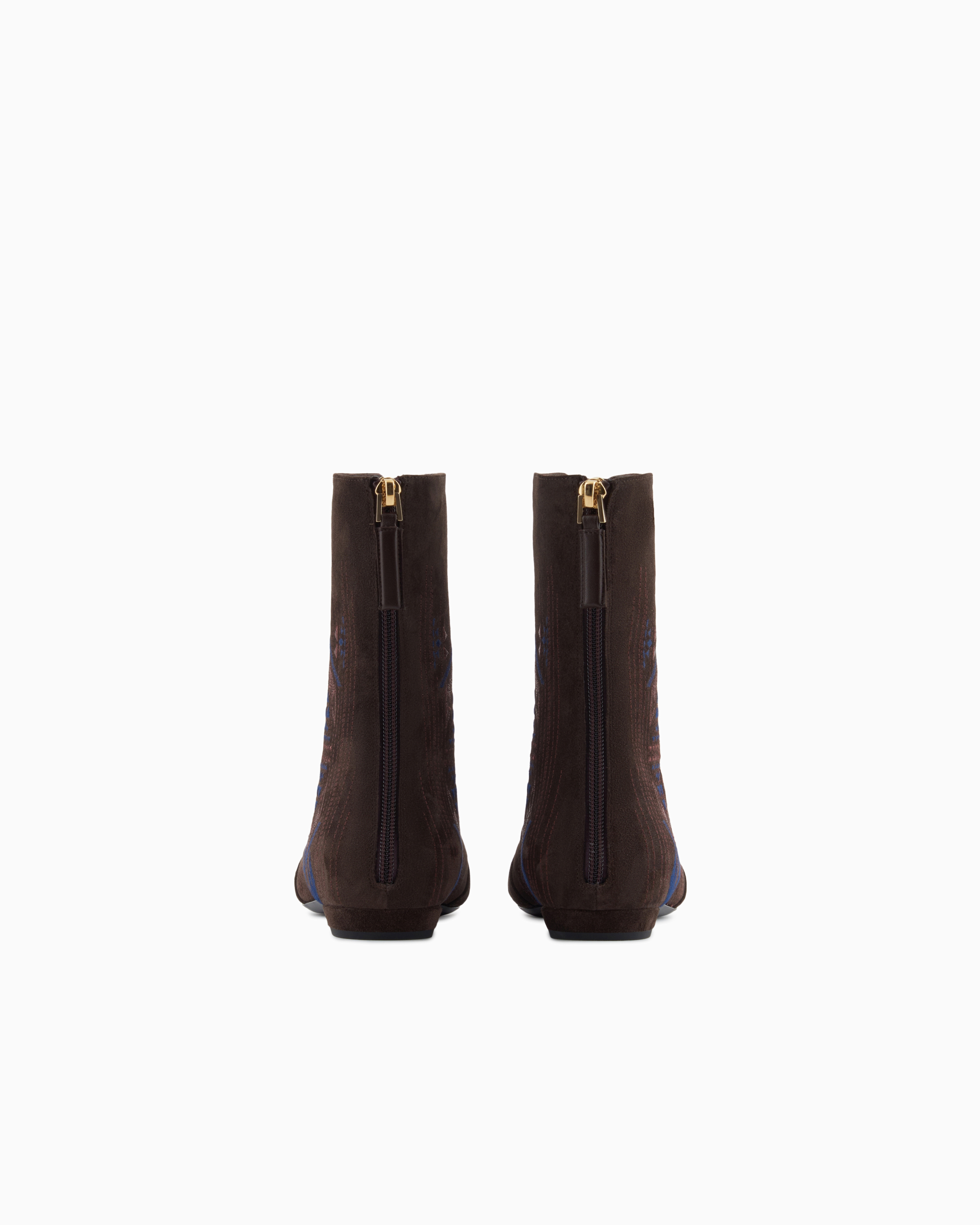 Giorgio Armani Embroidered Suede Ankle Boots In Brown