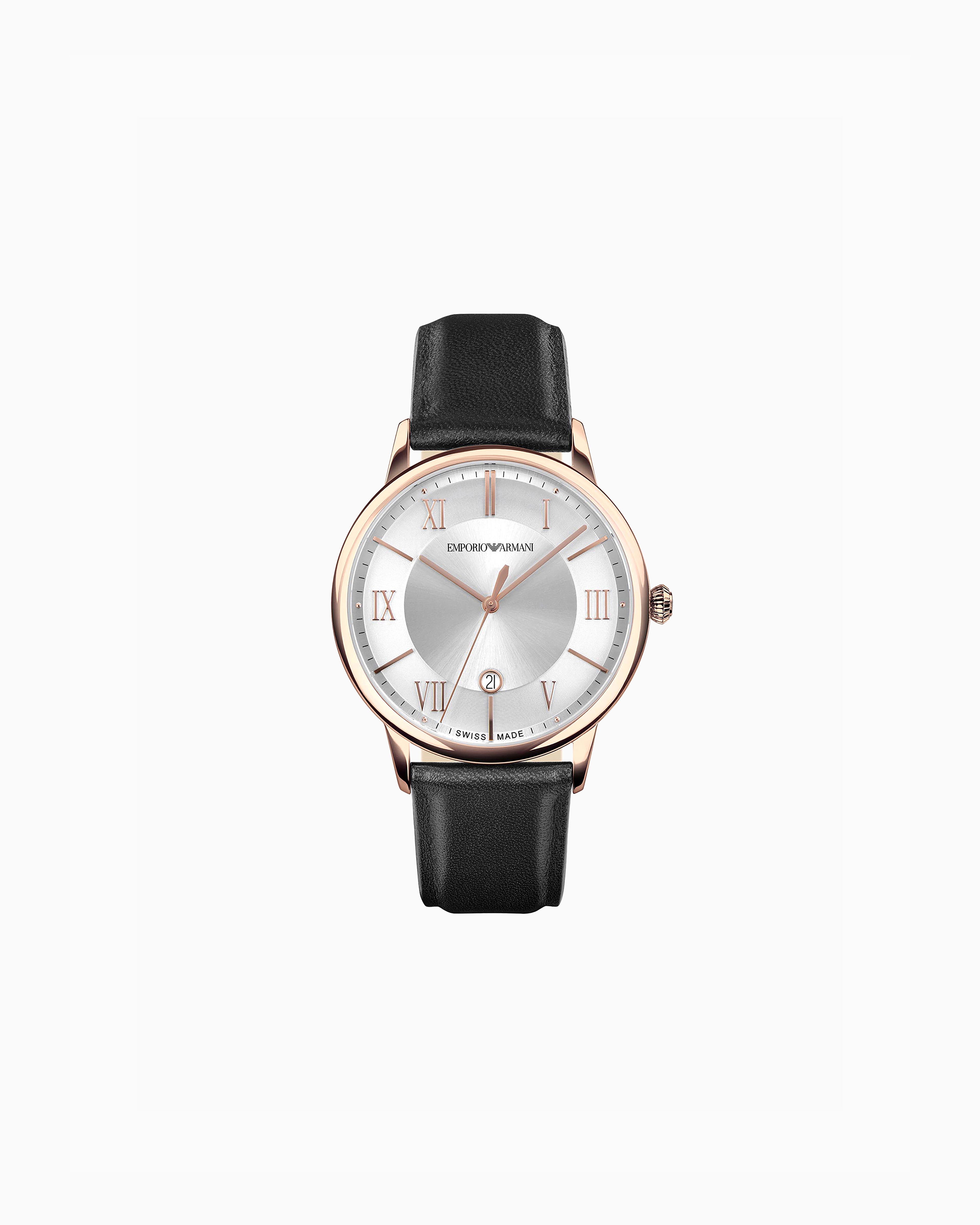 Emporio Armani - Swiss Made Three-Hand Date Black Leather Watch, Man, Multicoloured, Size: TU