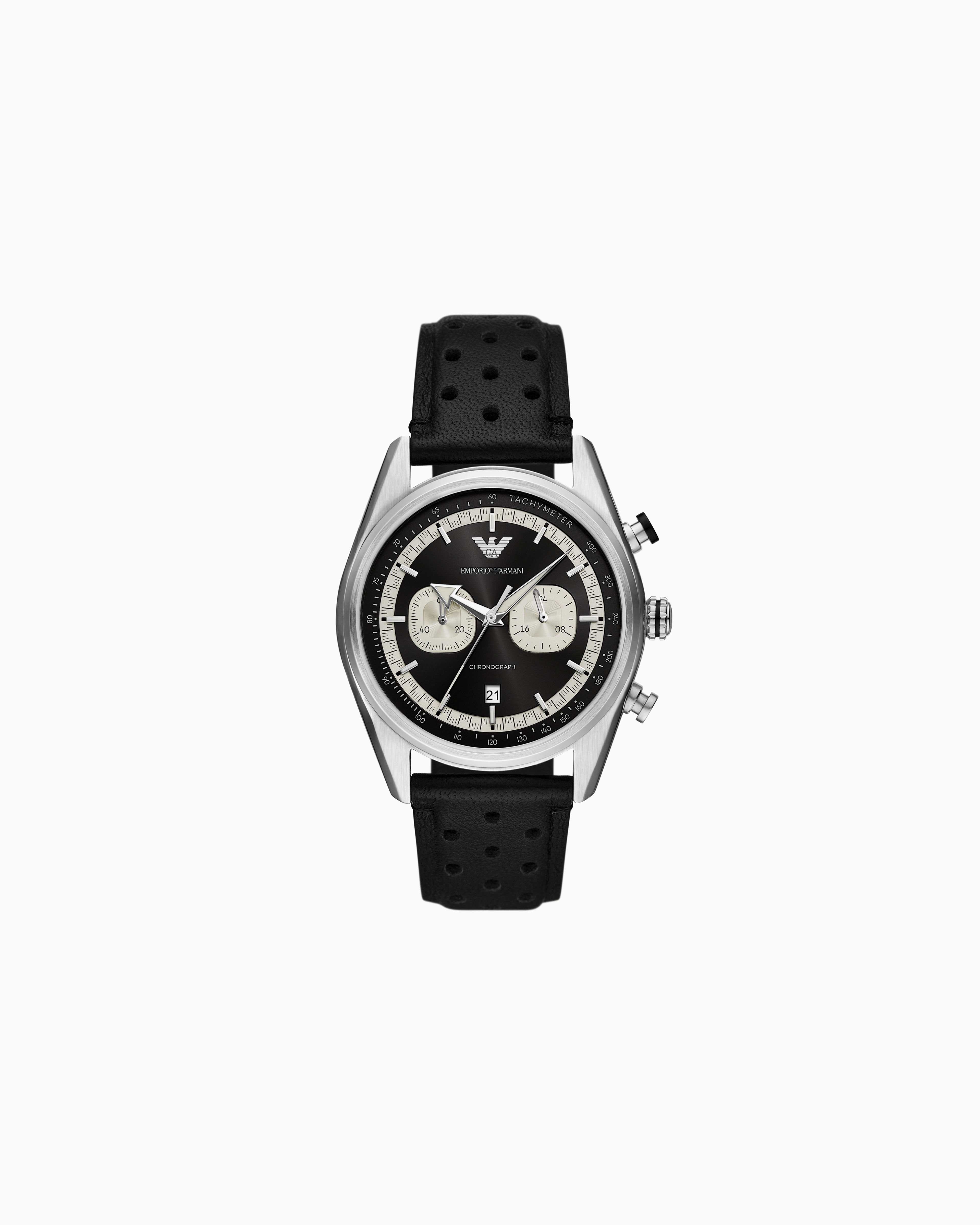 Emporio Armani -  Chronograph Black Leather Watch, Man, Multicoloured, Size: TU