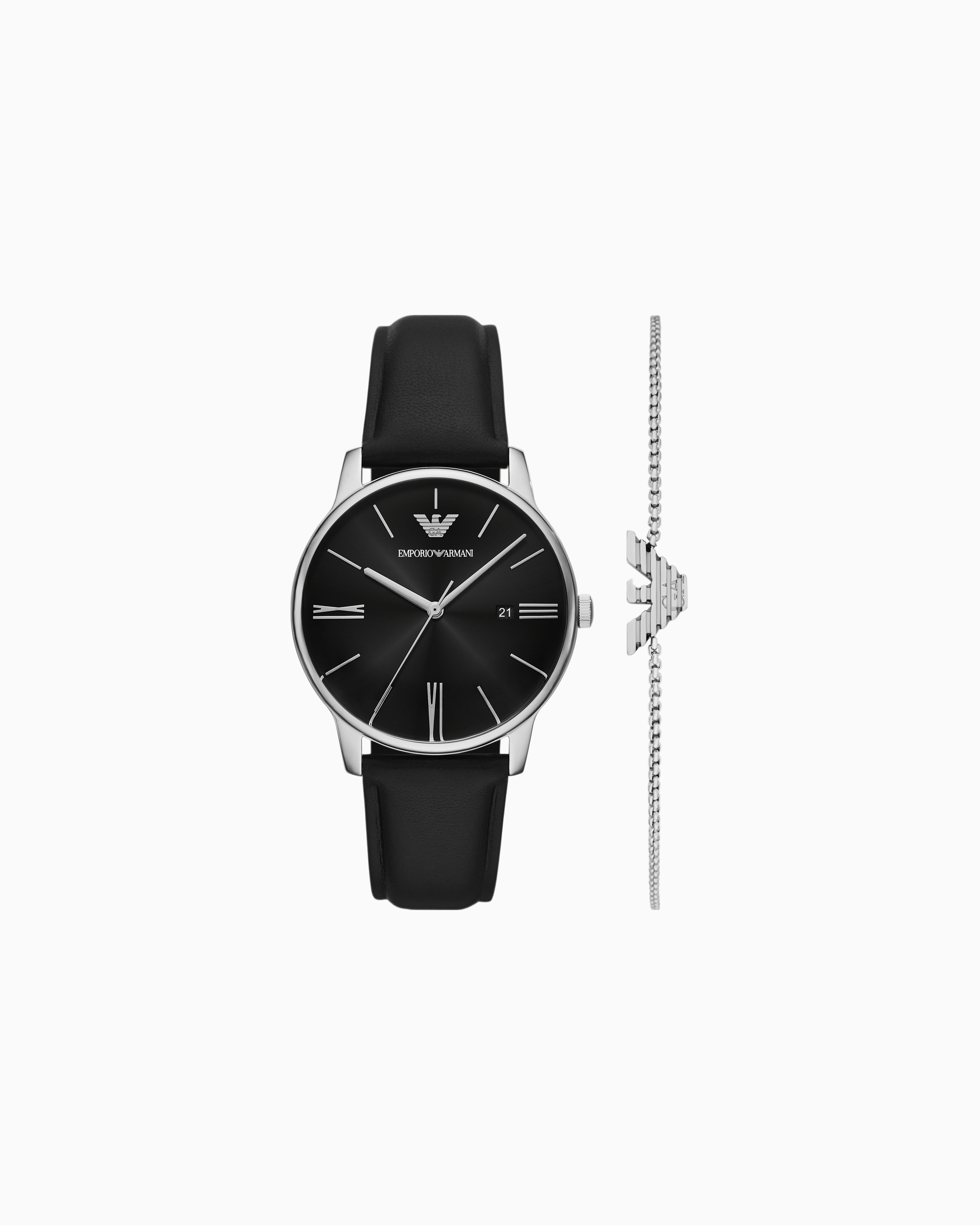 Emporio Armani -  Three-Hand Date Black Leather Watch and Bracelet Set, Man, Multicoloured, Size: TU