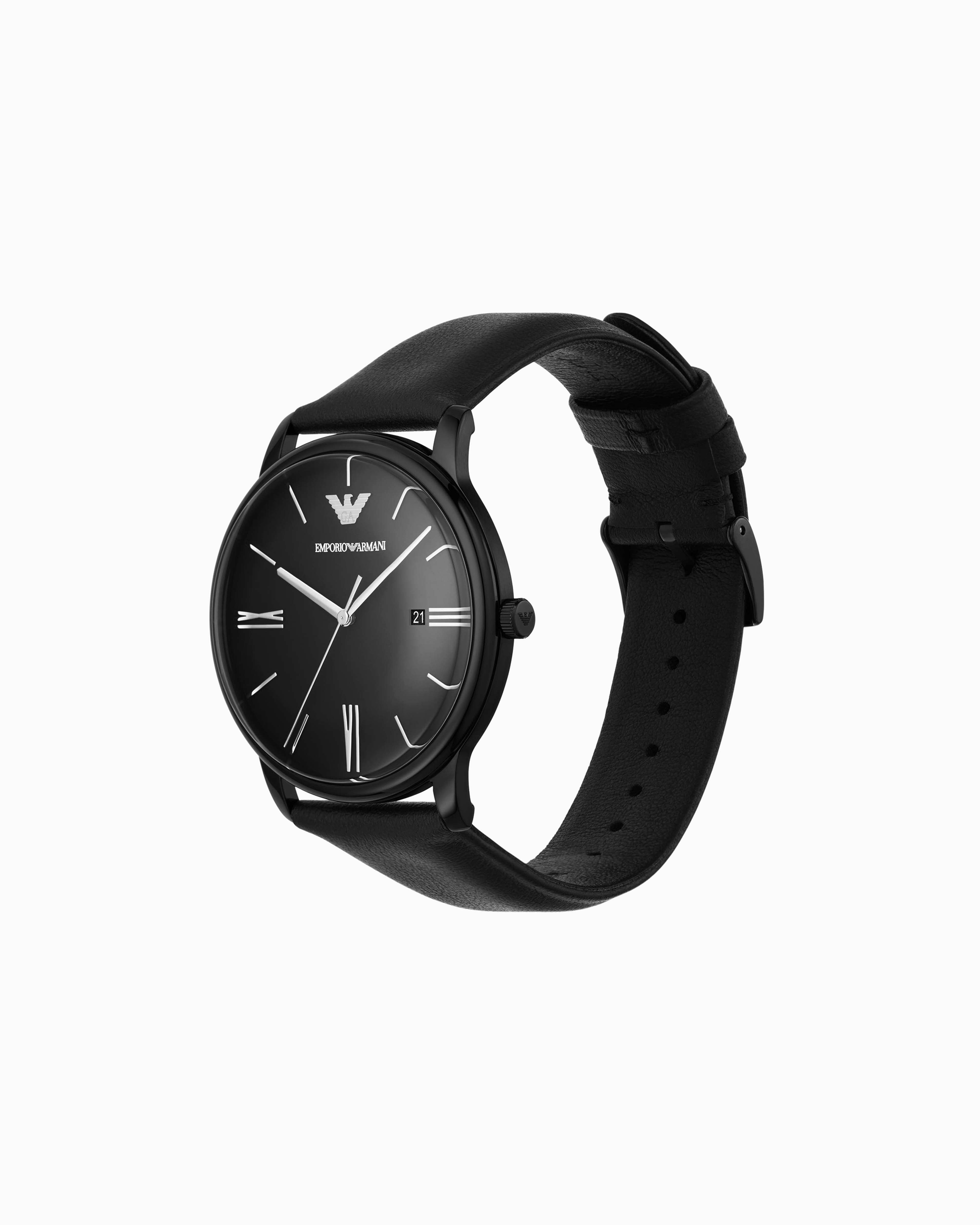 Emporio Armani -  Three-Hand Date Black Leather Watch, Man, Multicoloured, Size: TU