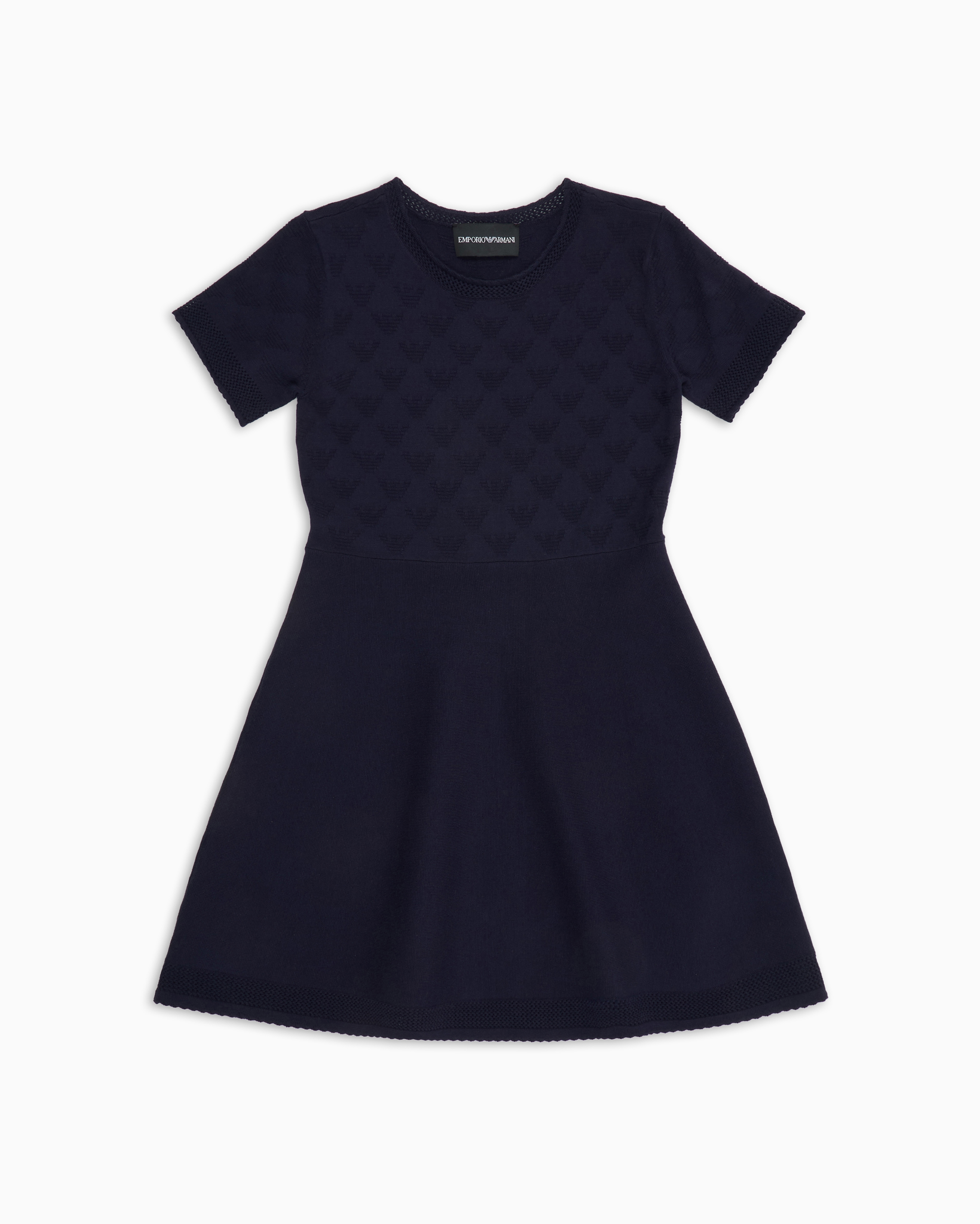 Emporio Armani - Flared dress all-over eagle jacquard knit, Girl, Navy_blue, Size: