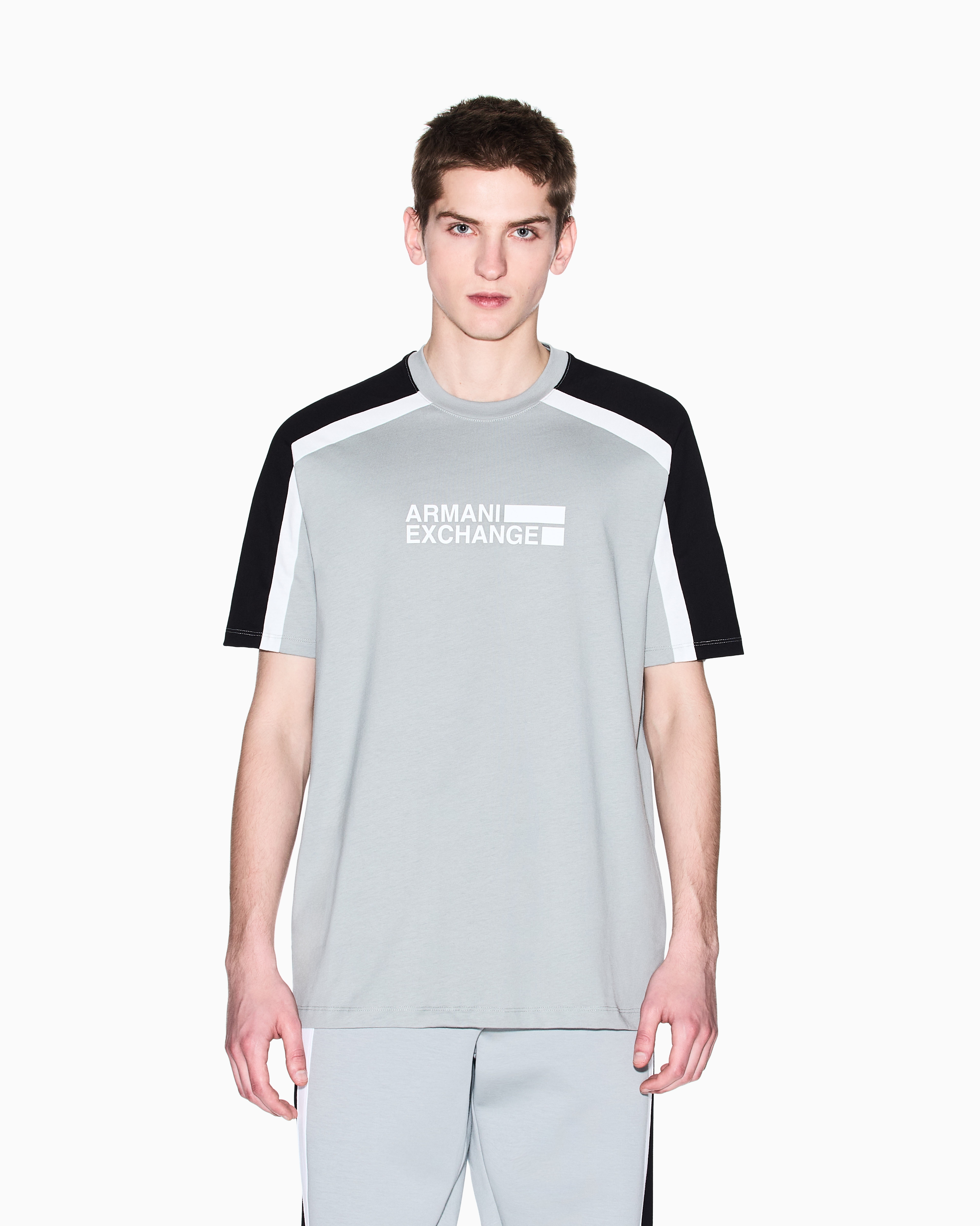 Armani Exchange - Short-sleeved sweatshirt with contrasting stripes, Man, Grey, Size: XL