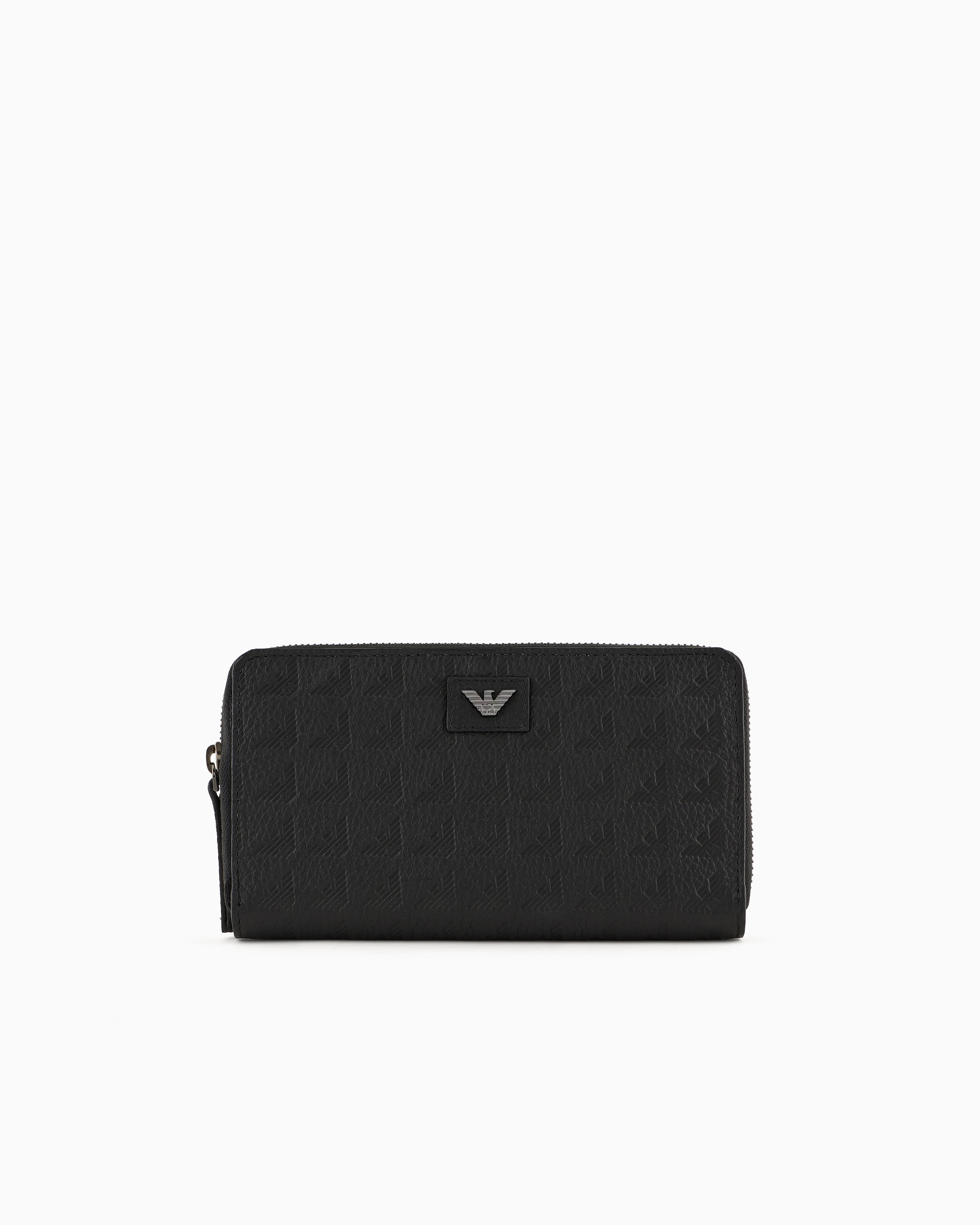 Emporio Armani - Zip-around leather wallet with all-over embossed eagle, Man, Black, Size: TU