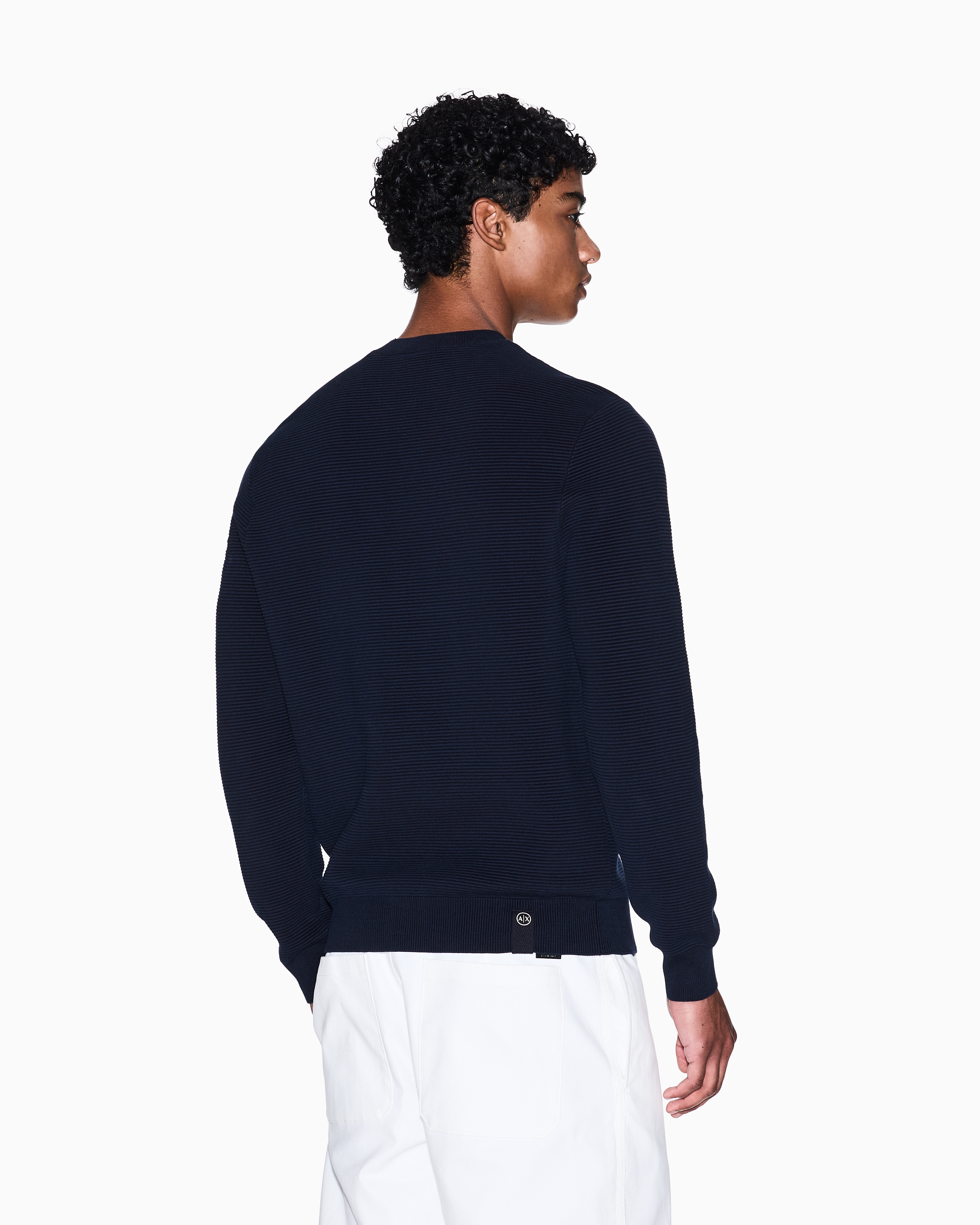 Armani Exchange - Striped Texture Crew Neck Sweater, Man, Navy Blue, Size: