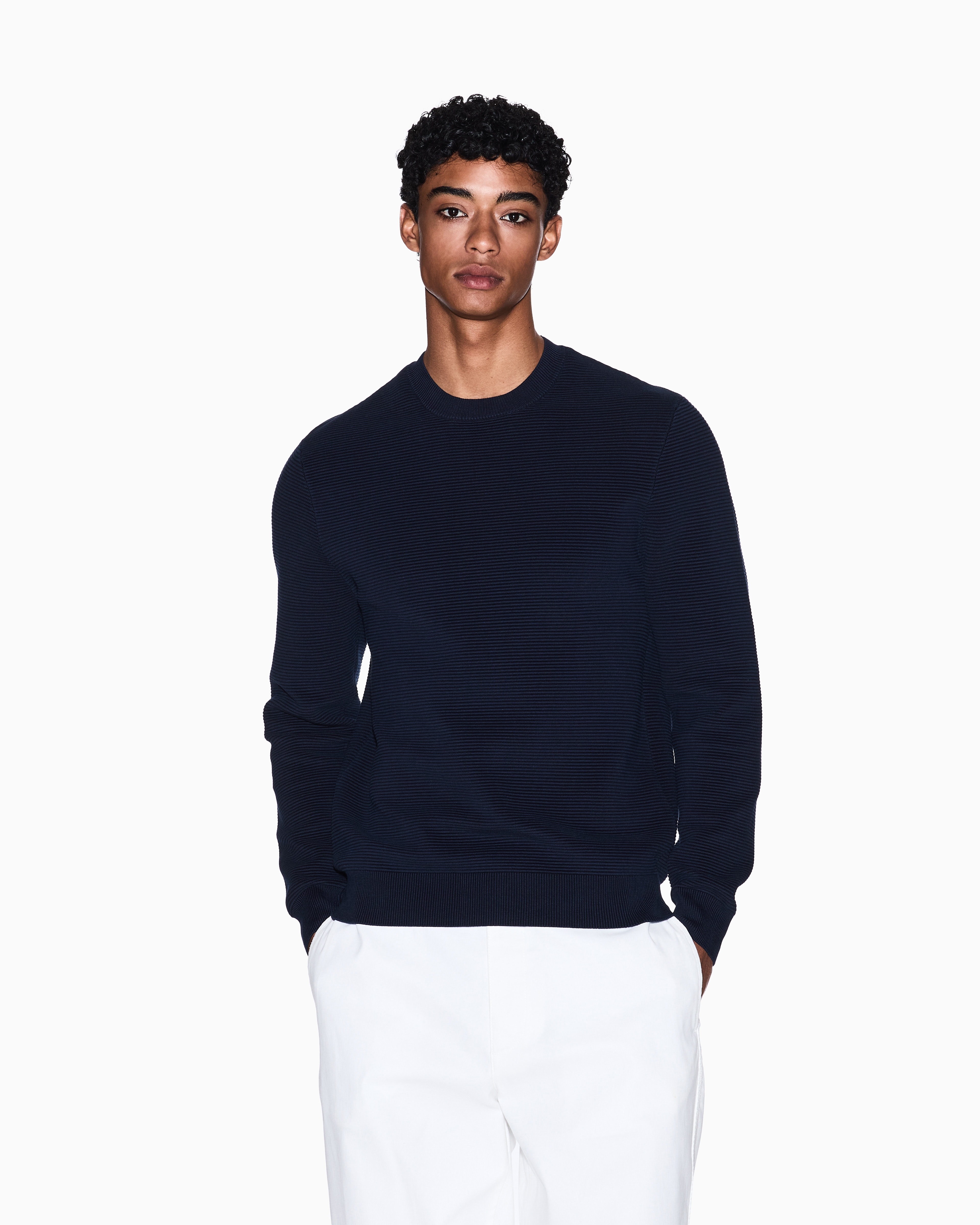 Armani Exchange - Striped Texture Crew Neck Sweater, Man, Navy Blue, Size: