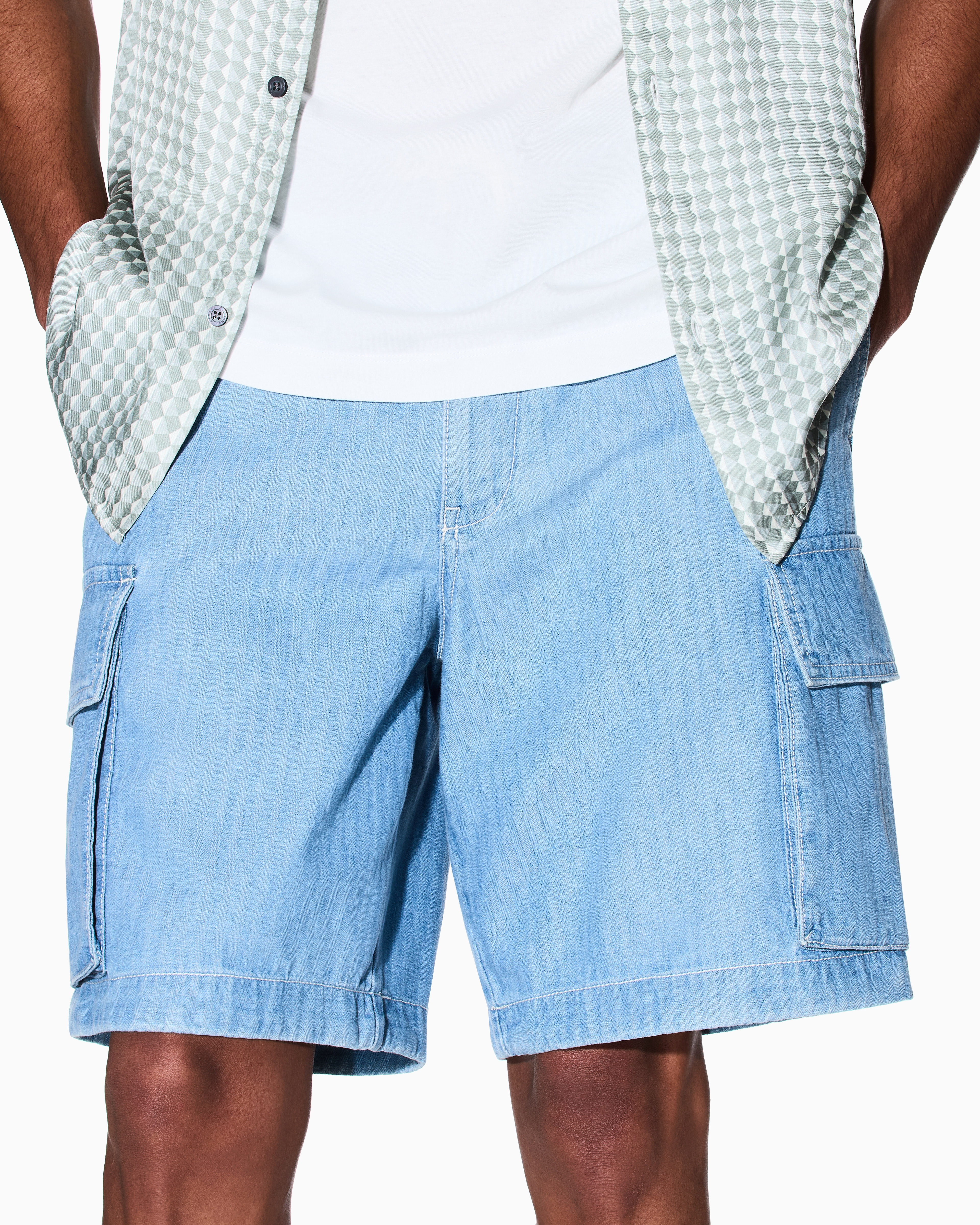 Armani Exchange - Herringbone Cotton Cargo Bermuda, Man, Blue, Size: