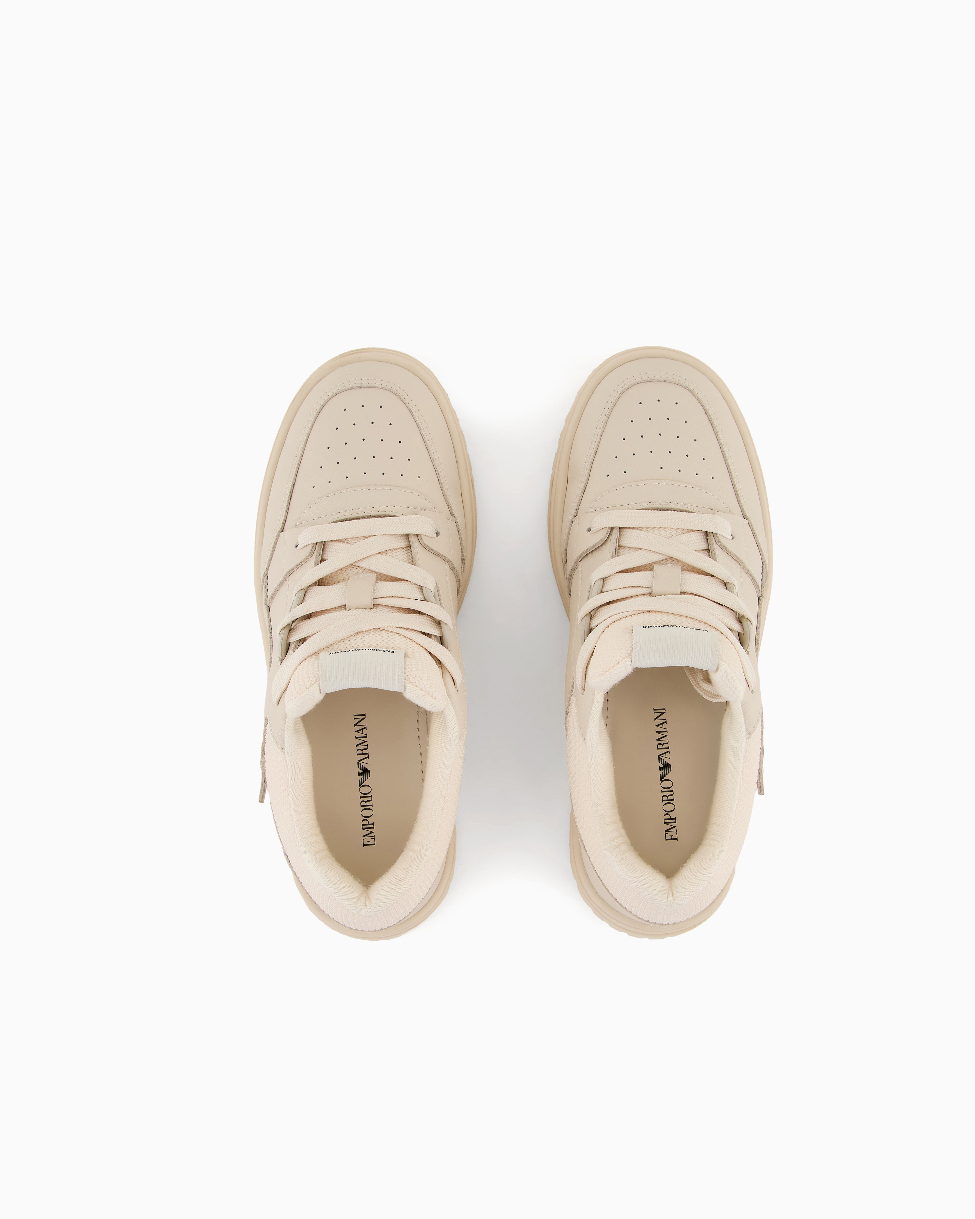 Emporio Armani - Leather sneakers with mesh details, Boy, Beige, Size: