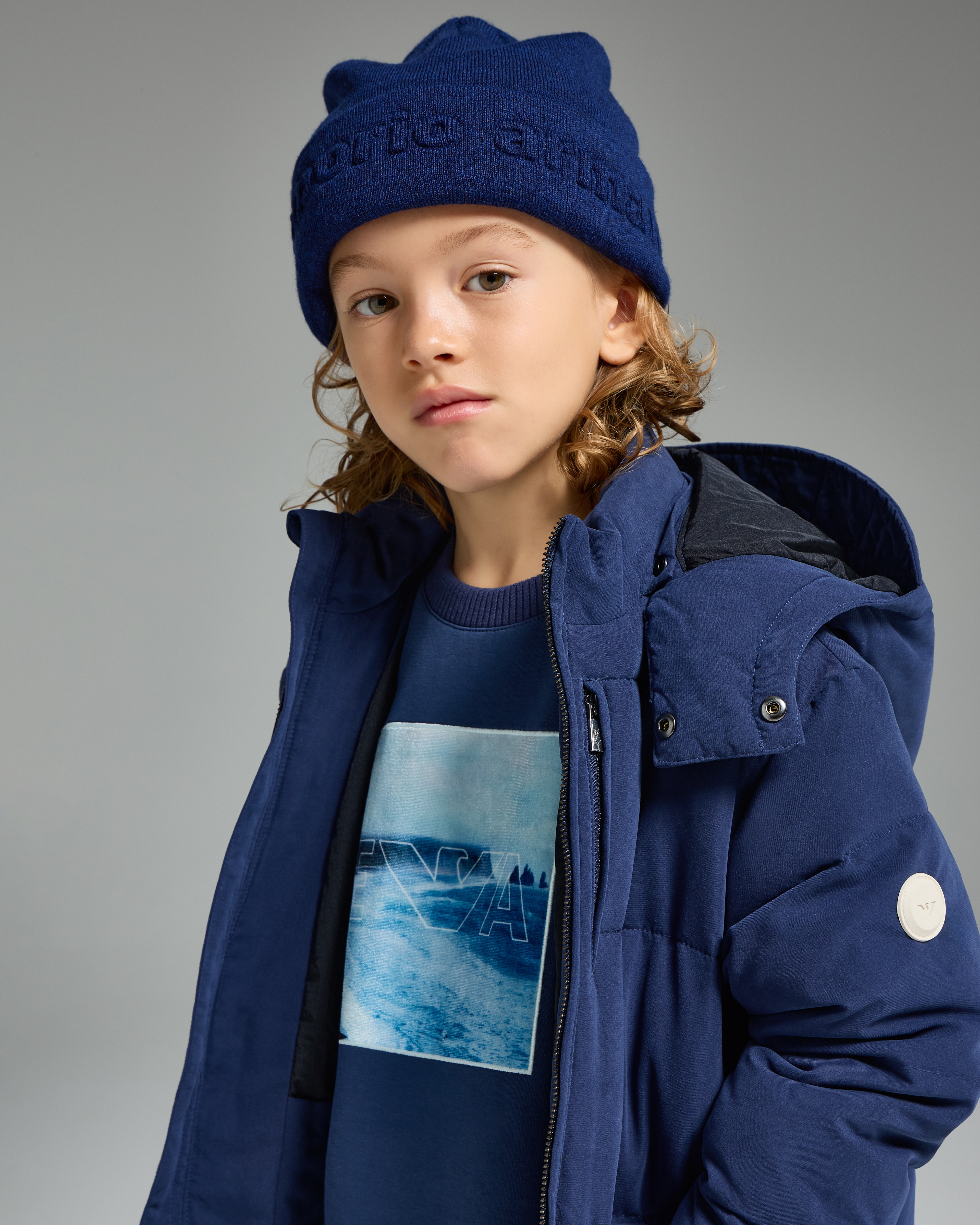 Emporio Armani - Virgin wool-blend beanie with logo, Boy, Blue, Size: