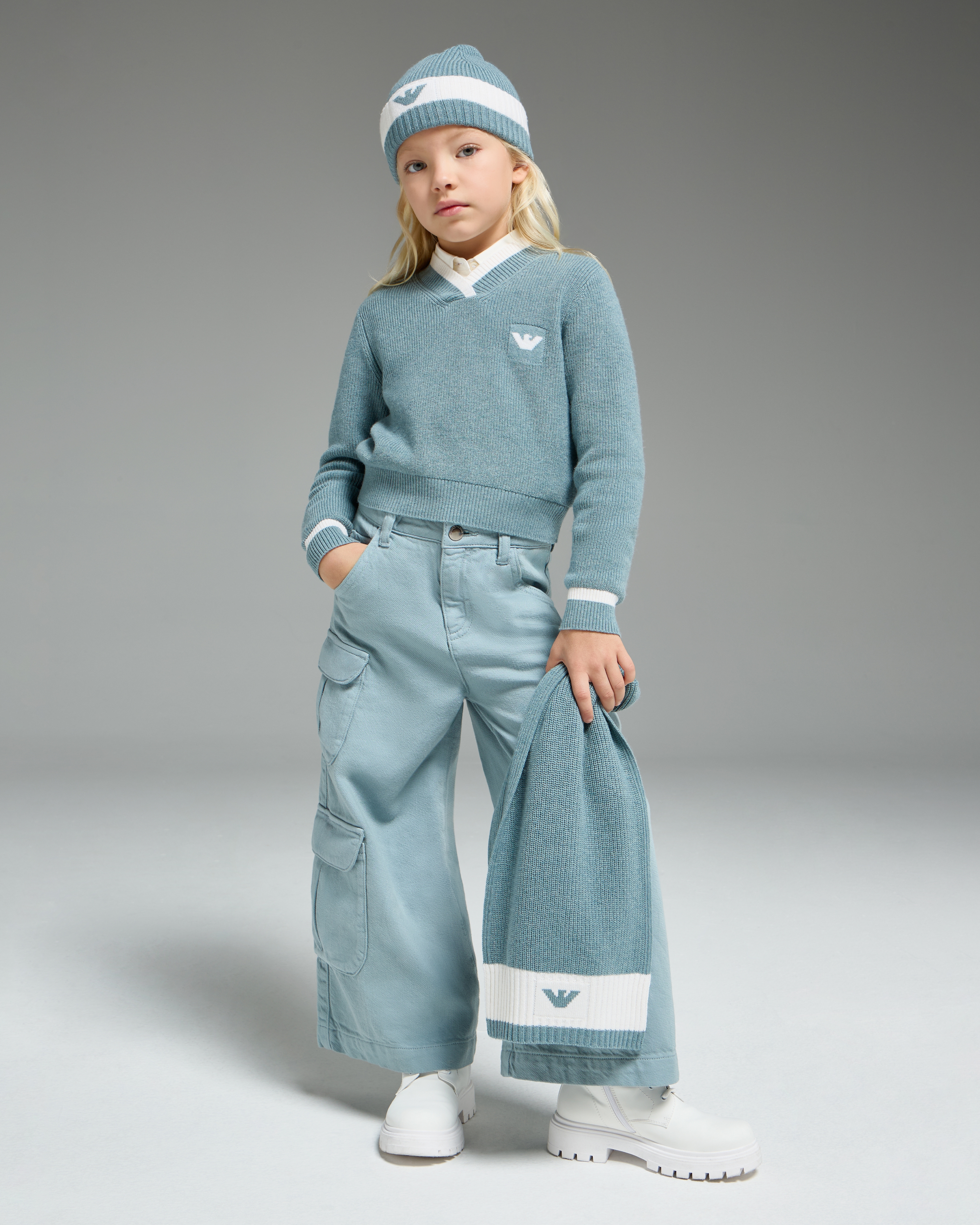 Emporio Armani - Comfortable, wide-leg cargo trousers drill fabric, Girl, Light Blue, Size: