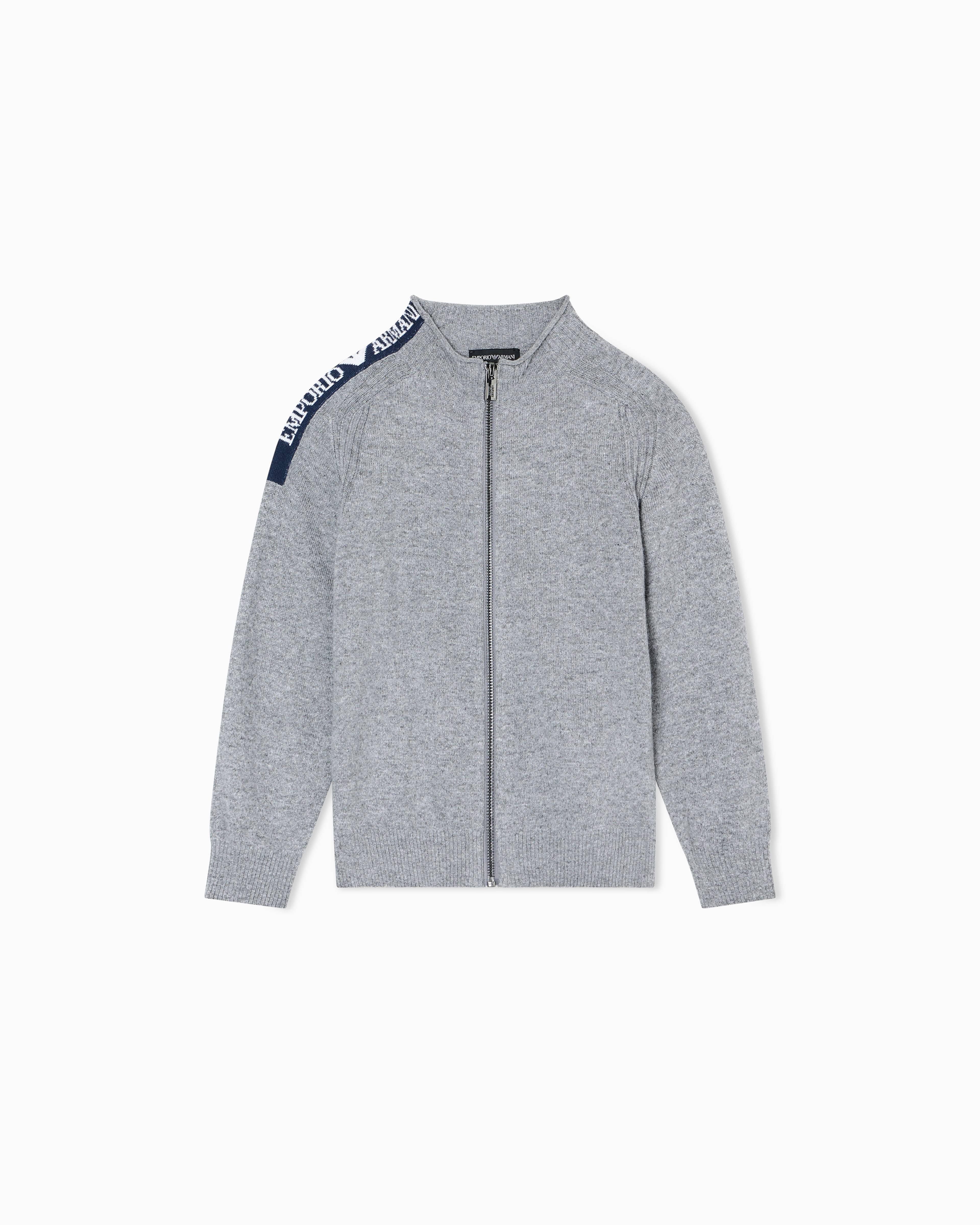 Emporio Armani - Wool-blend zip-up jumper with jacquard logo, Boy, Grey, Size: