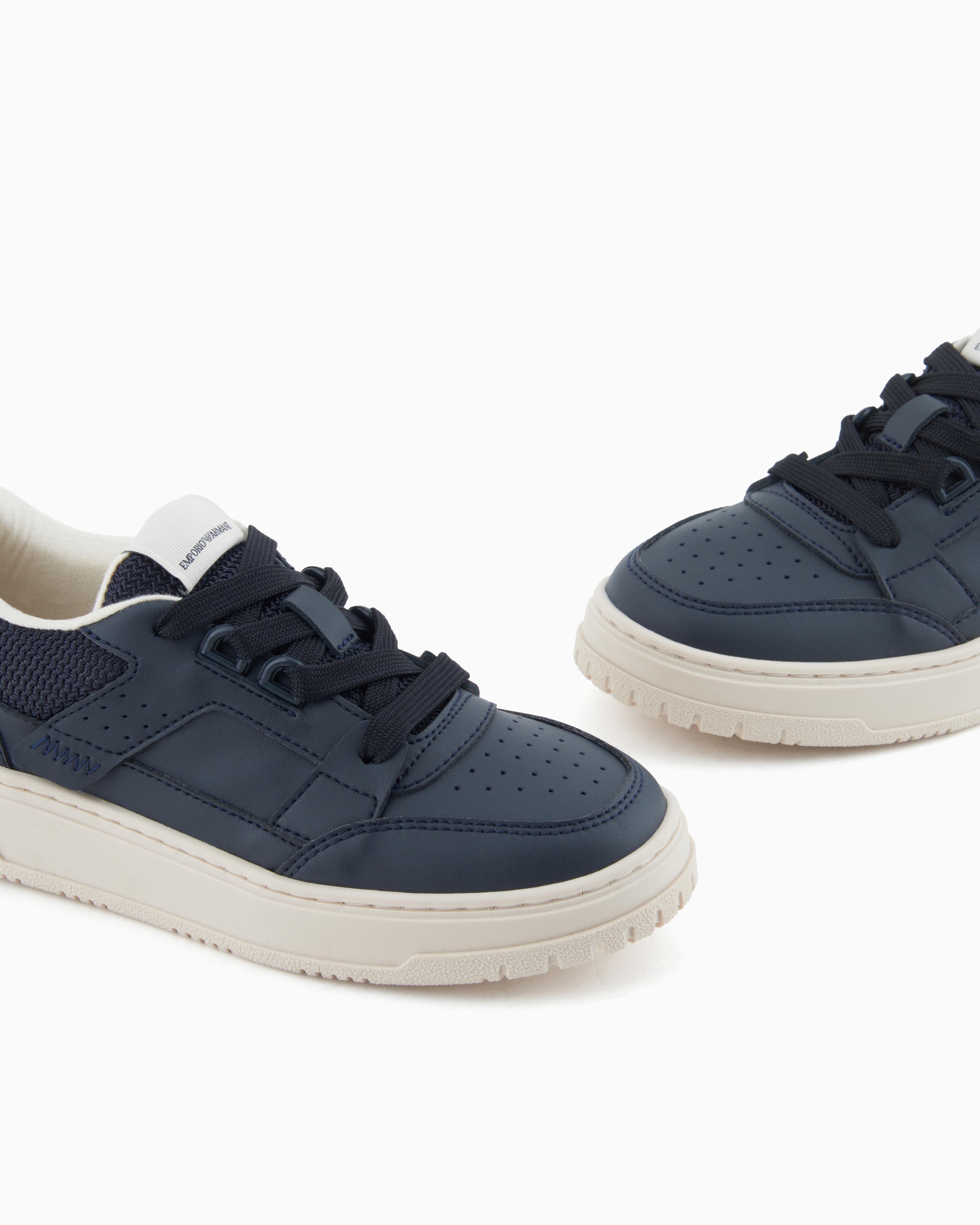 Emporio Armani - Leather sneakers with mesh details, Boy, Navy Blue, Size: