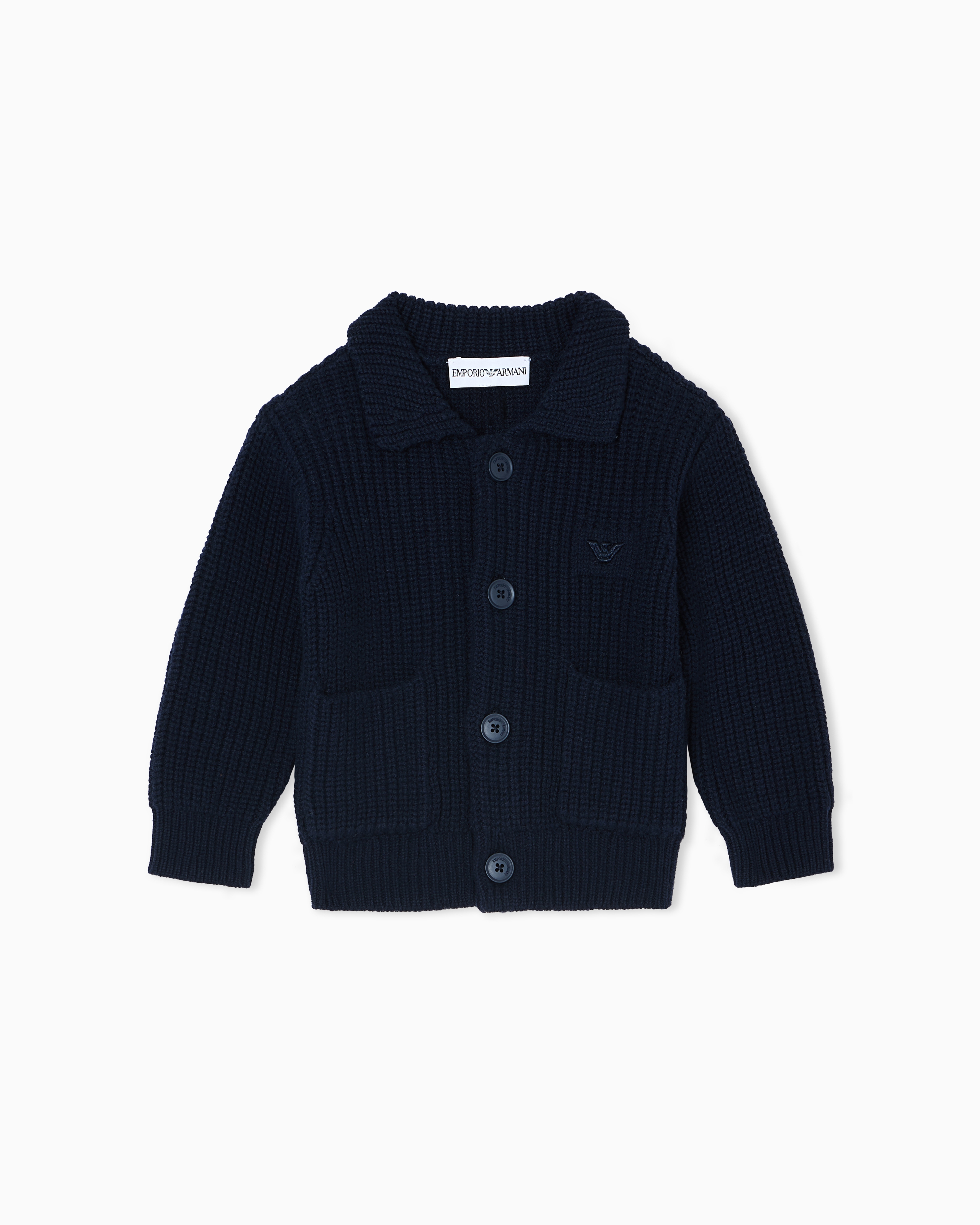 Emporio Armani - Rib-knit cardigan with eagle embroidery, Boy, Navy_blue, Size: