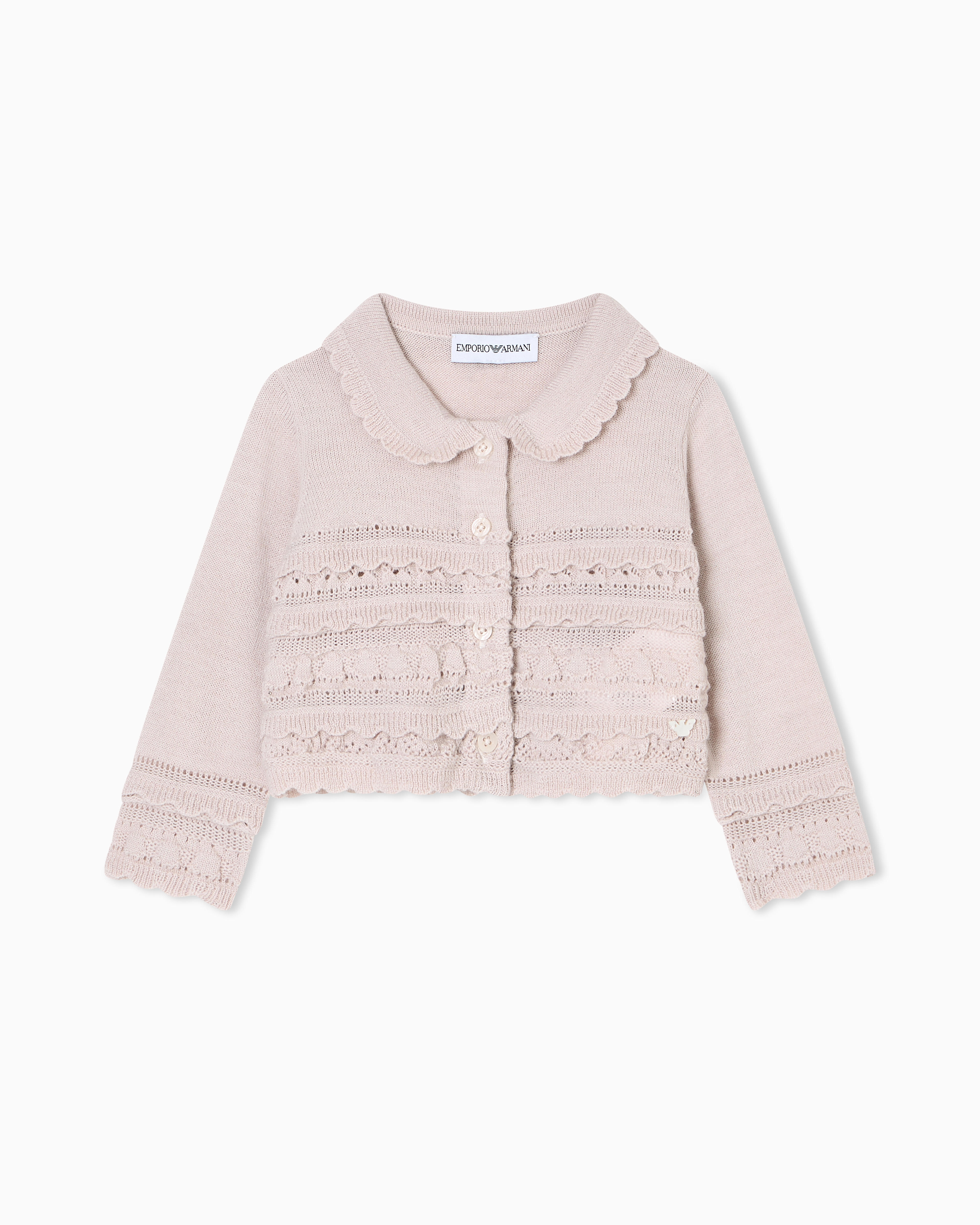 Emporio Armani - Wool-blend knit cardigan with micro ruffles, Girl, Beige, Size: