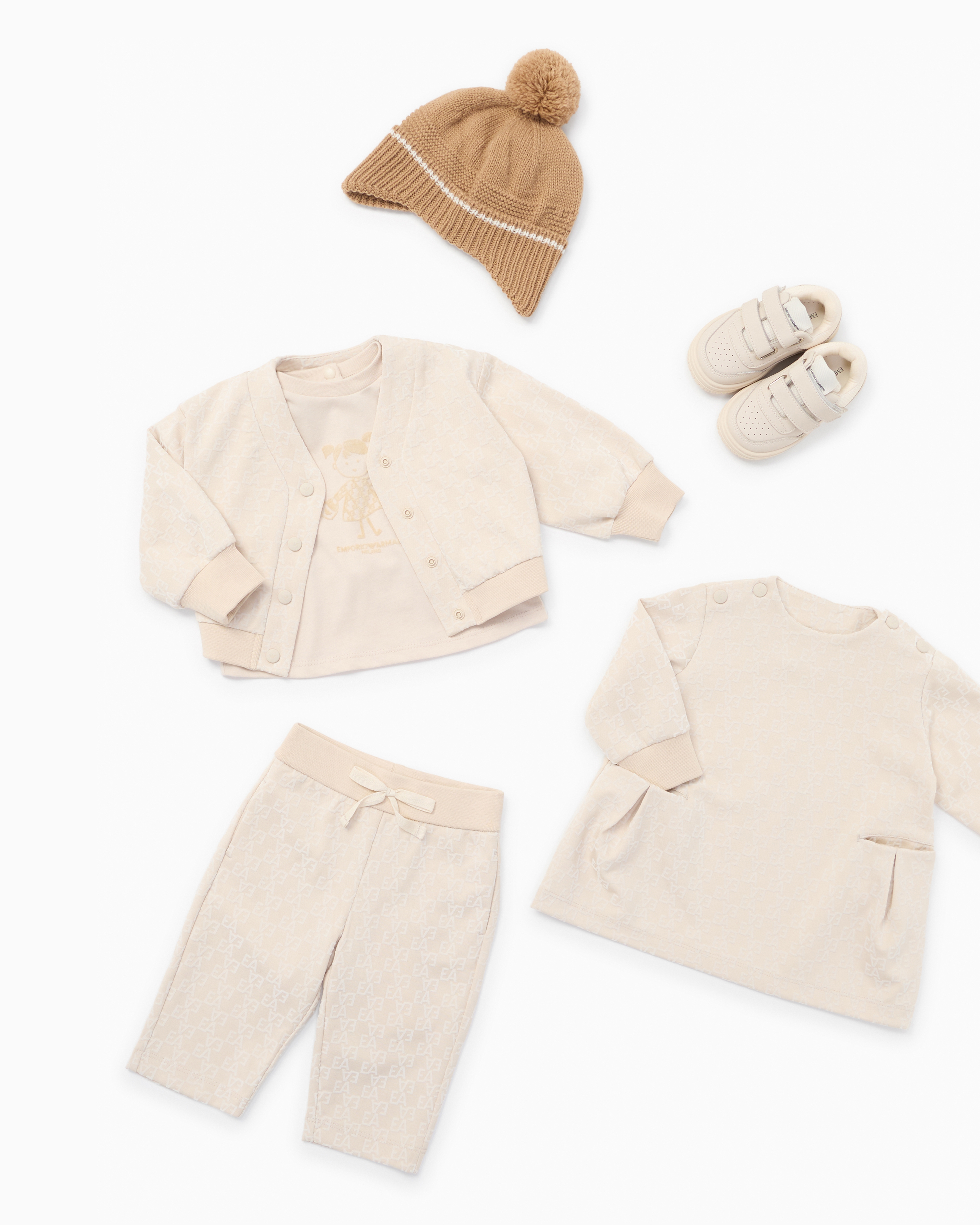 Emporio Armani - Interlock jersey trousers with all-over flocked EA logo, Girl, Beige, Size: