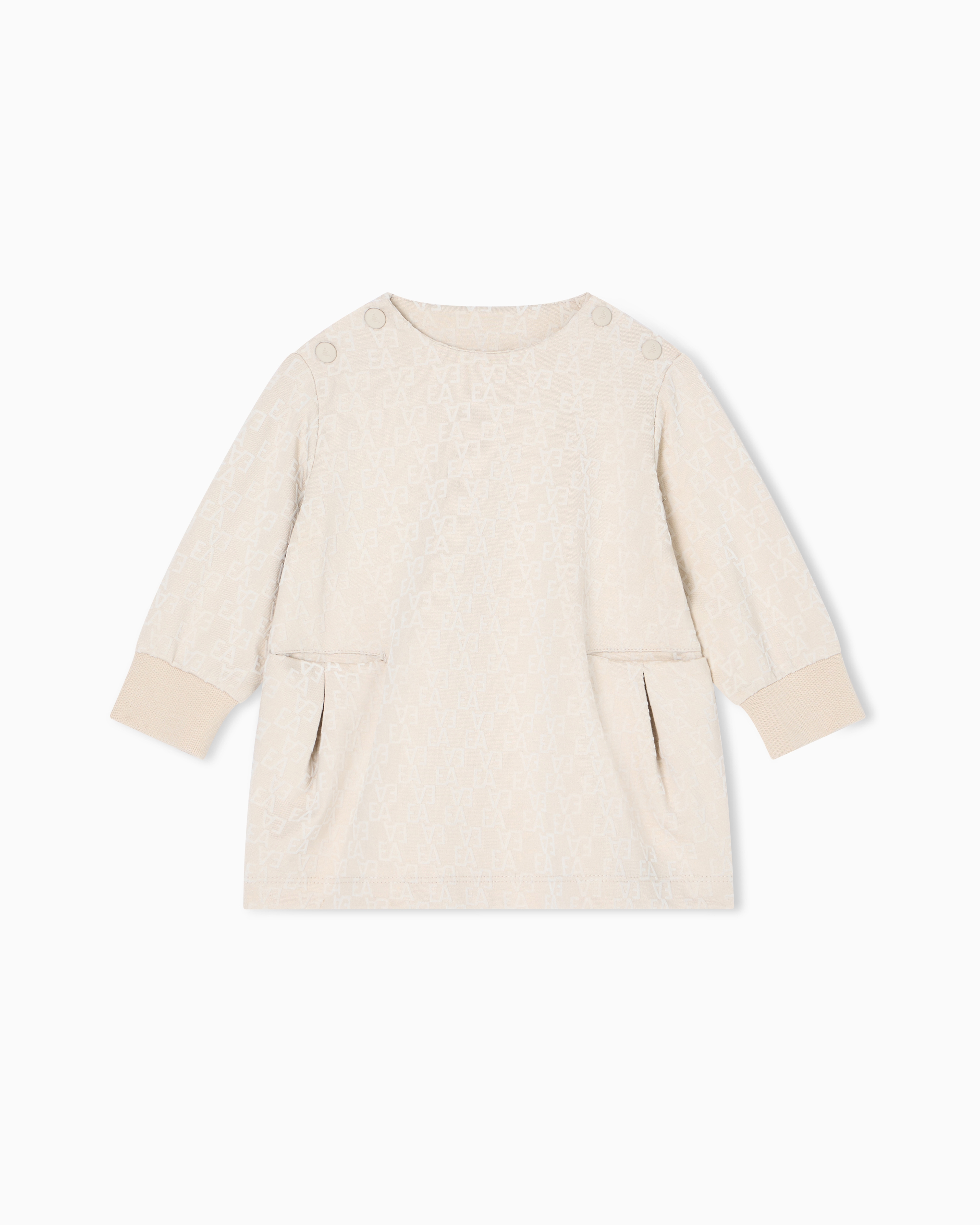 Emporio Armani - Interlock jersey dress with all-over flocked EA logo, Girl, Beige, Size: