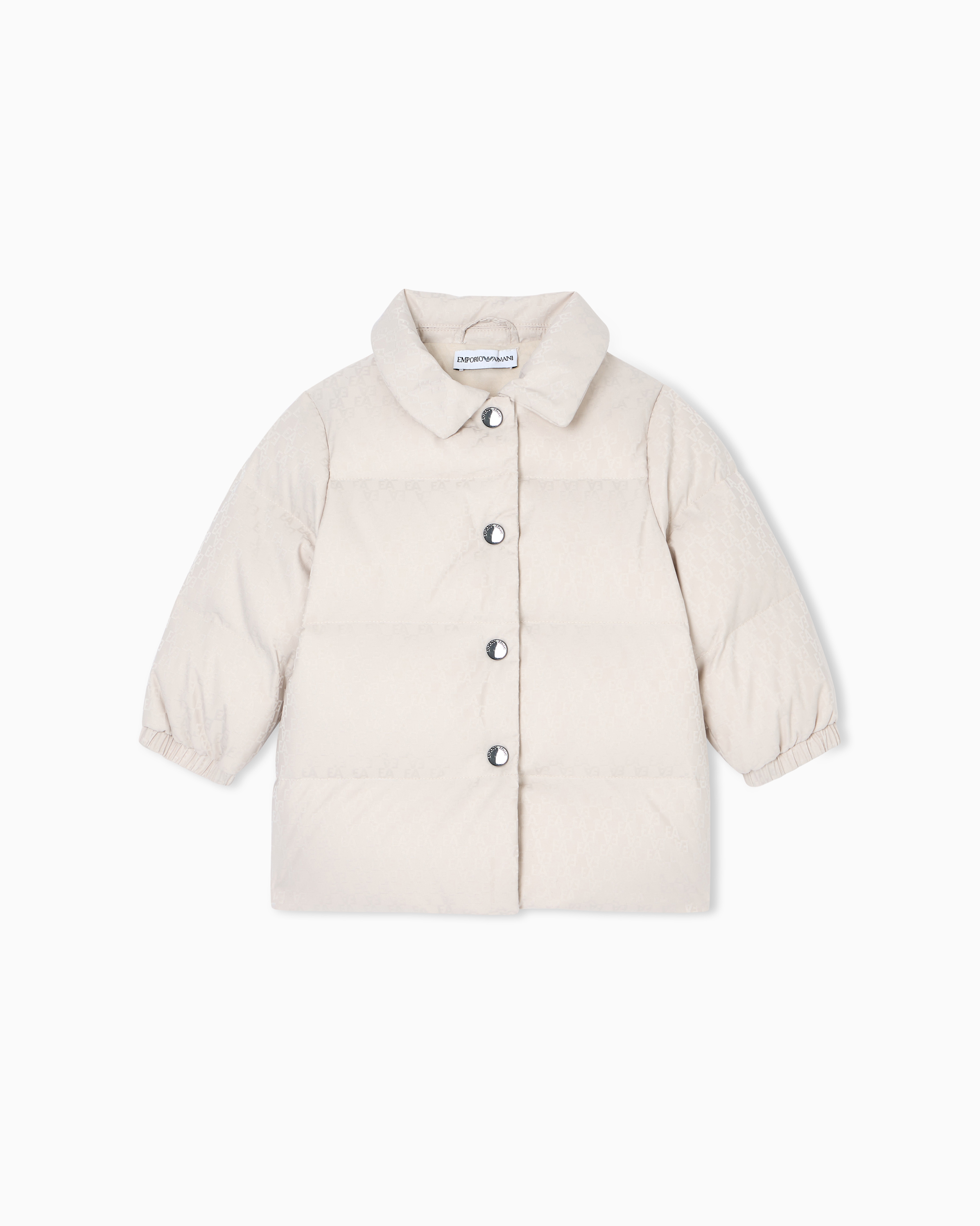 Emporio Armani - ASV nylon jacquard down jacket with all-over logo, Girl, Beige, Size: