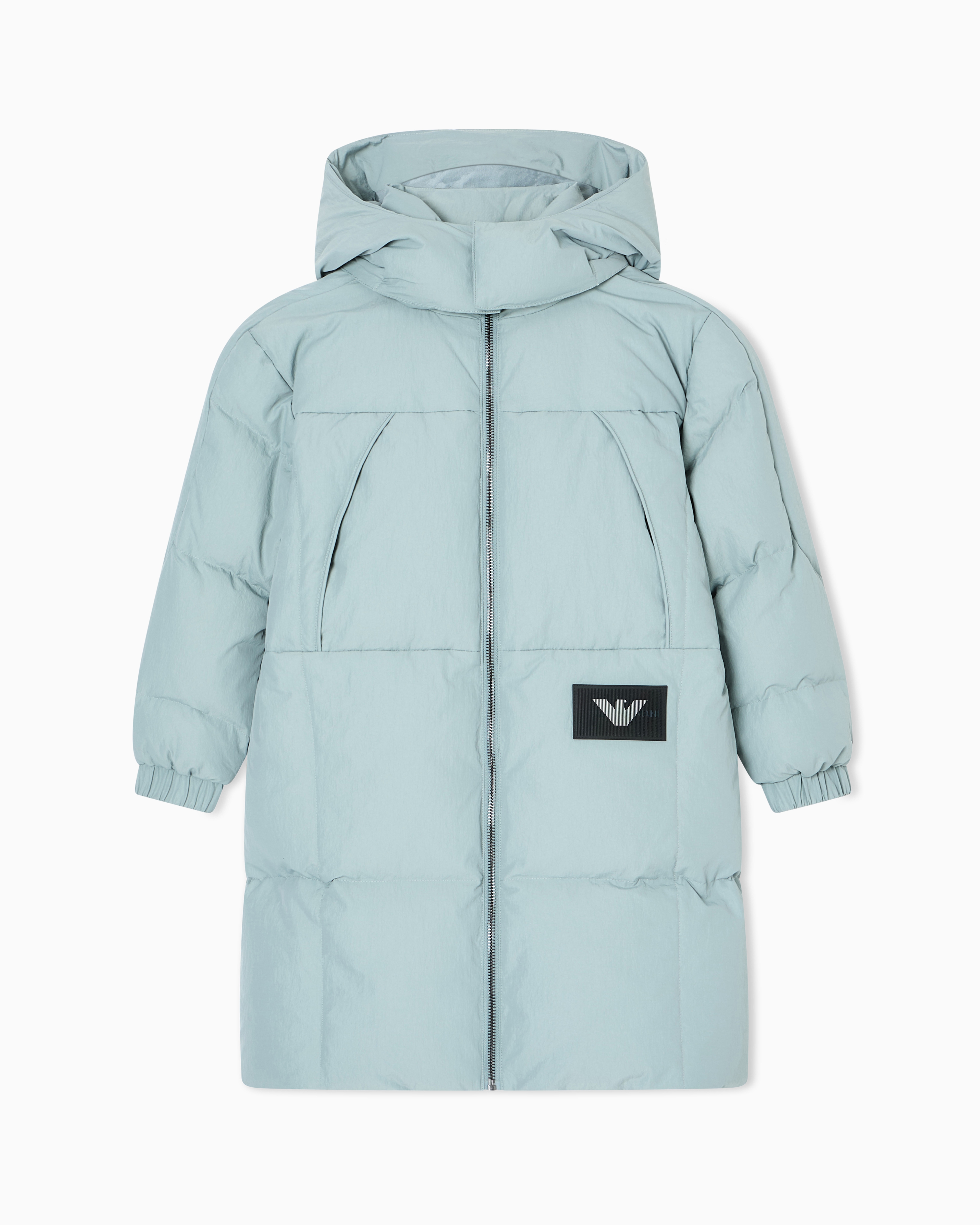 Emporio Armani - ASV long down jacket with logo patch and recycled down, Boy, Light Blue, Size: