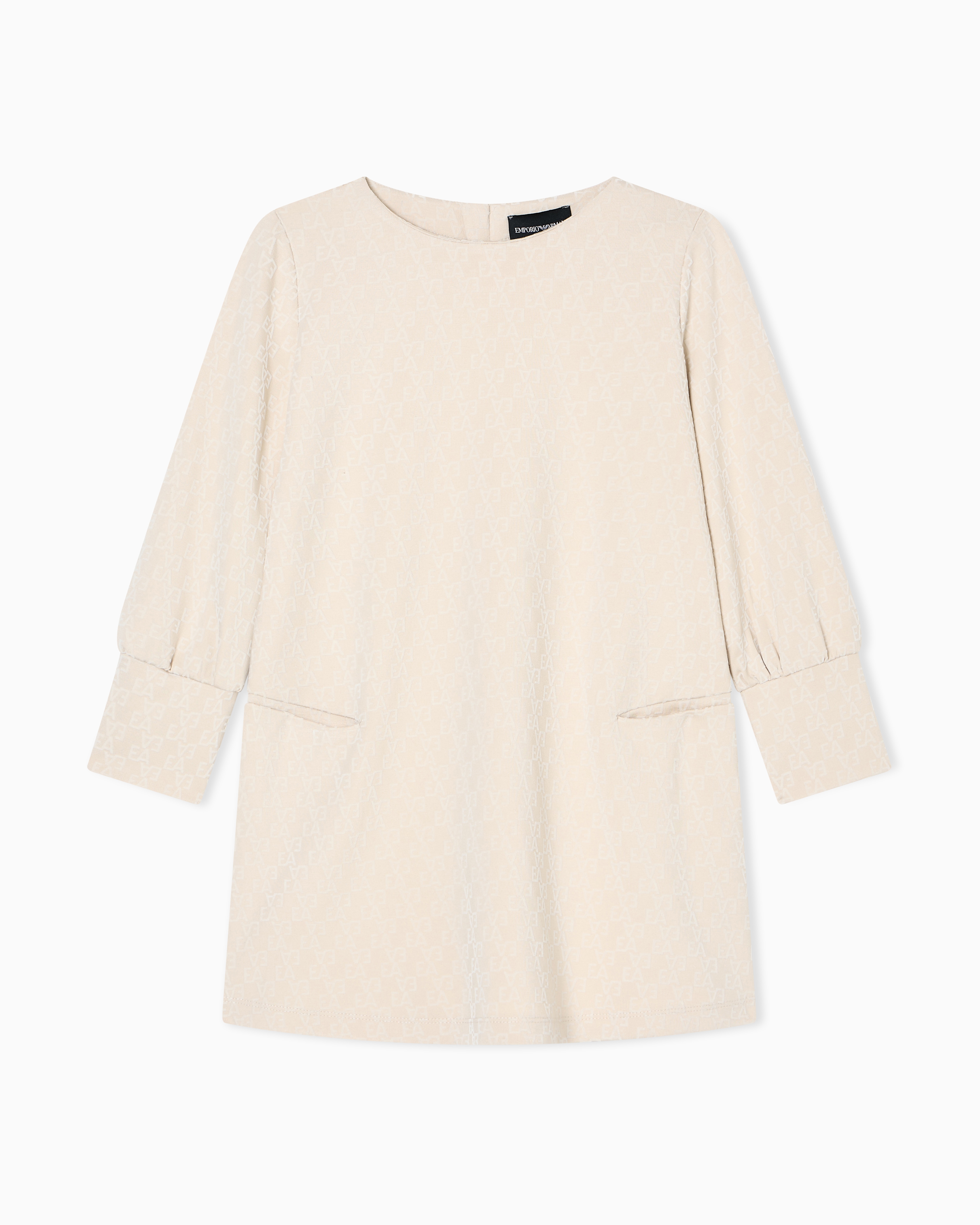 Emporio Armani - Interlock jersey dress with all-over flocked EA logo, Girl, Beige, Size: