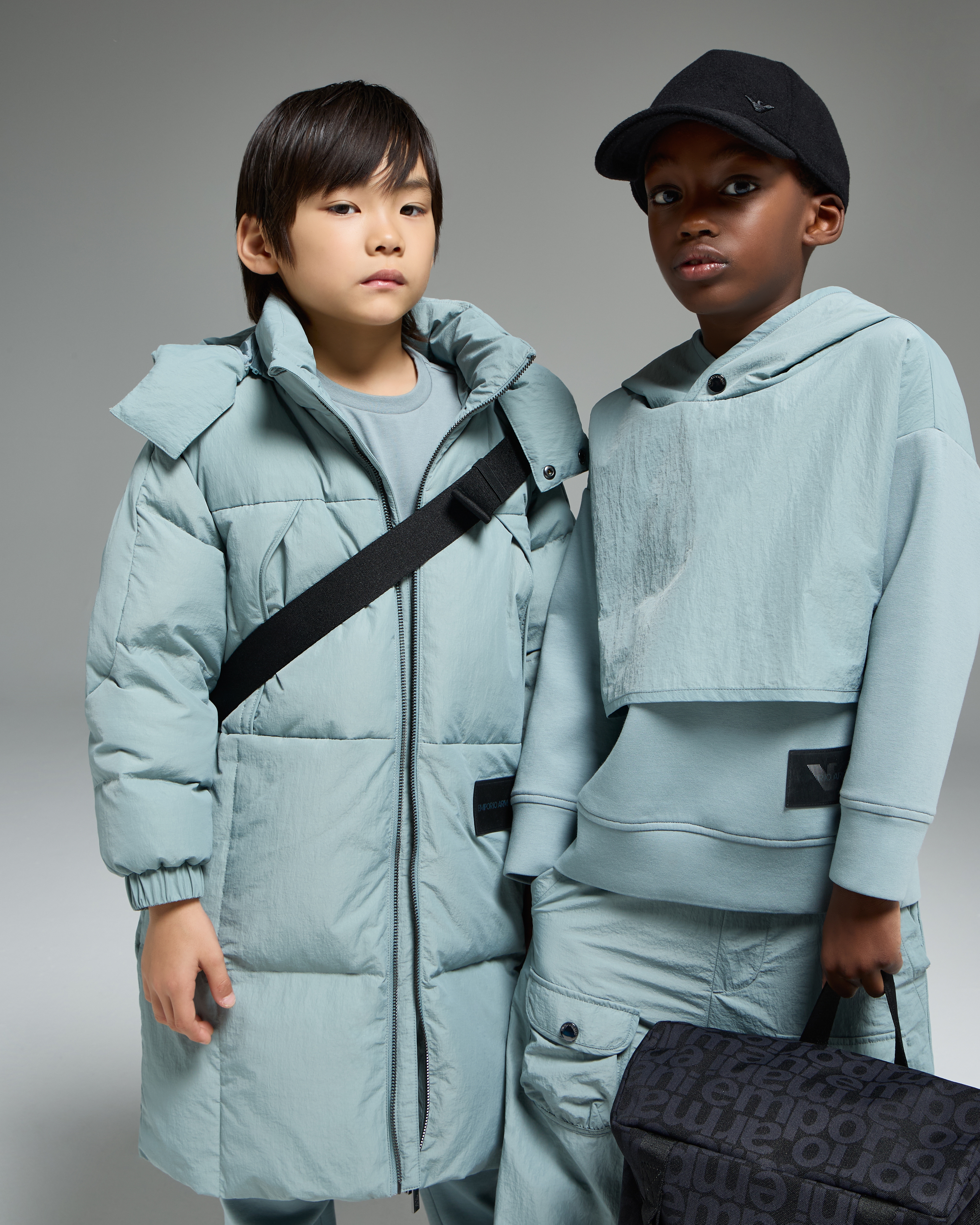 Emporio Armani - ASV long down jacket with logo patch and recycled down, Boy, Light Blue, Size: